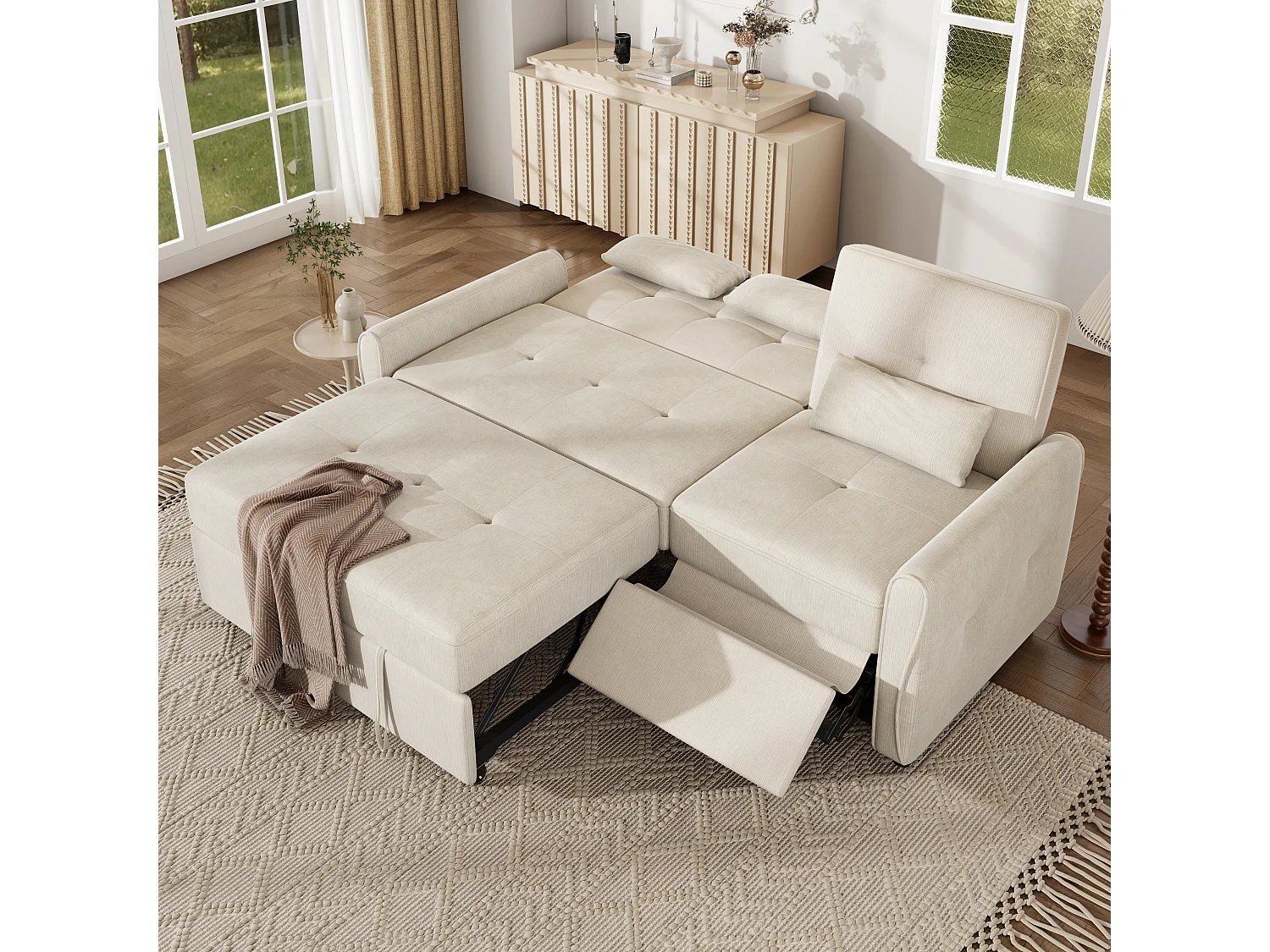 3-zits slaapbank met verstelbare rugleuning en voetensteun - Chenille - 176 x 148 x 83 cm - Beige (chaise longue-modus)
