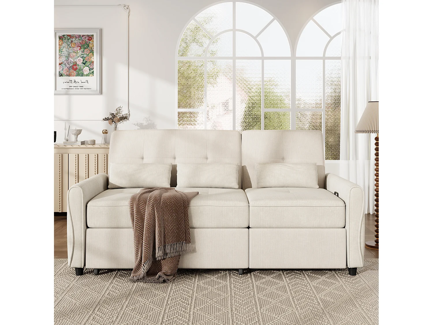 3-zits slaapbank met verstelbare rugleuning en voetensteun - Chenille - 176 x 148 x 83 cm - Beige (chaise longue-modus)