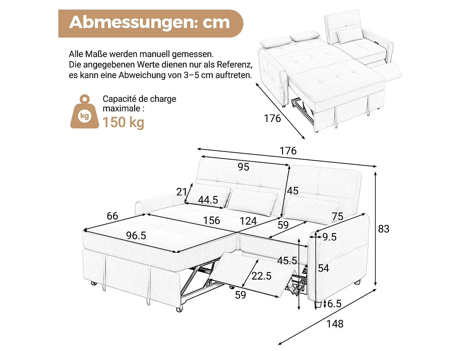 3-zits slaapbank met verstelbare rugleuning en voetensteun - Chenille - 176 x 148 x 83 cm - Beige (chaise longue-modus)