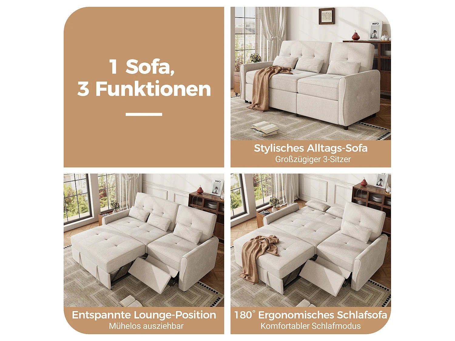 3-zits slaapbank met verstelbare rugleuning en voetensteun - Chenille - 176 x 148 x 83 cm - Beige (chaise longue-modus)