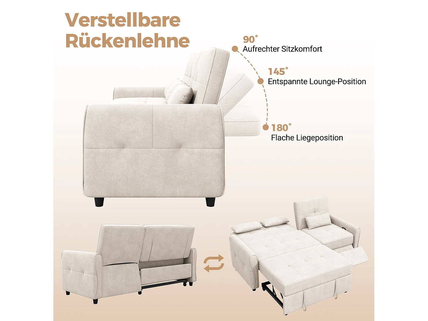 3-zits slaapbank met verstelbare rugleuning en voetensteun - Chenille - 176 x 148 x 83 cm - Beige (chaise longue-modus)