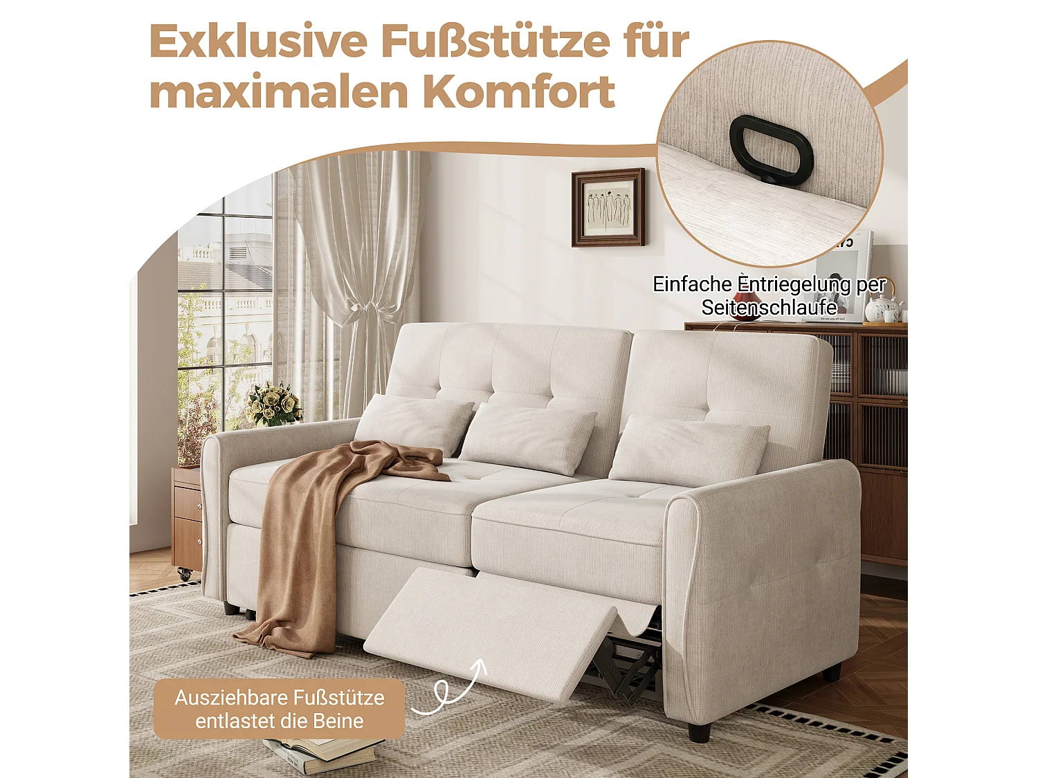 3-zits slaapbank met verstelbare rugleuning en voetensteun - Chenille - 176 x 148 x 83 cm - Beige (chaise longue-modus)