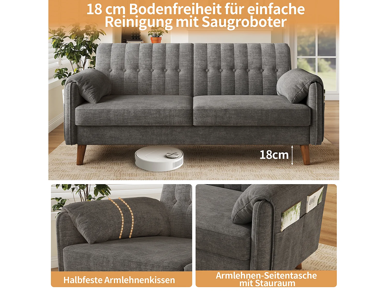 Canapé 2 places avec 2 poches latérales et pieds en bois massif - Chenille - 161,5 x 79 x 83,5 cm - Gris
