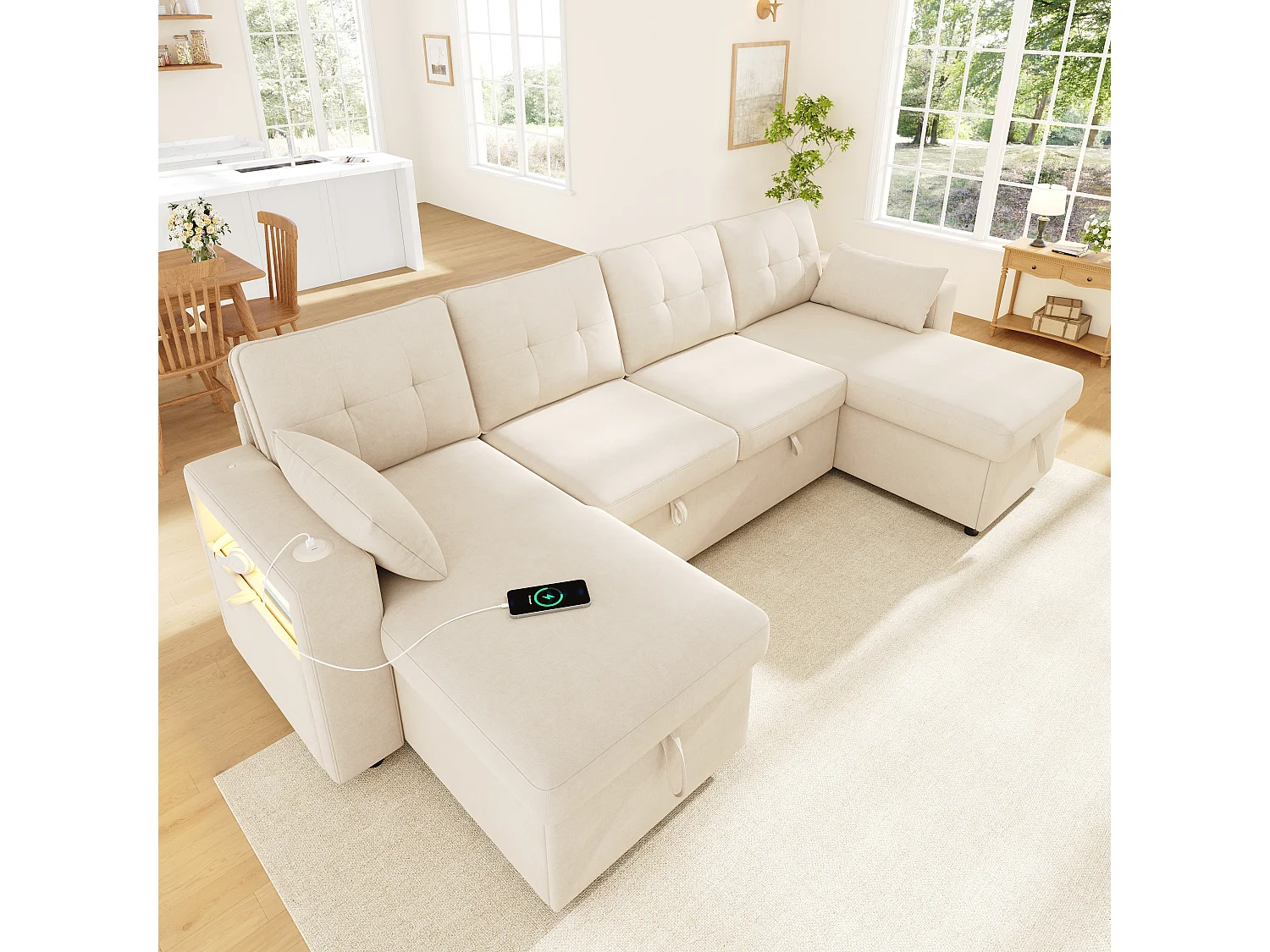 Canapé en U convertible 4 places avec 2 coffres, LED et USB/Type-C - Chenille - 273 x 131 x 83 cm - Beige