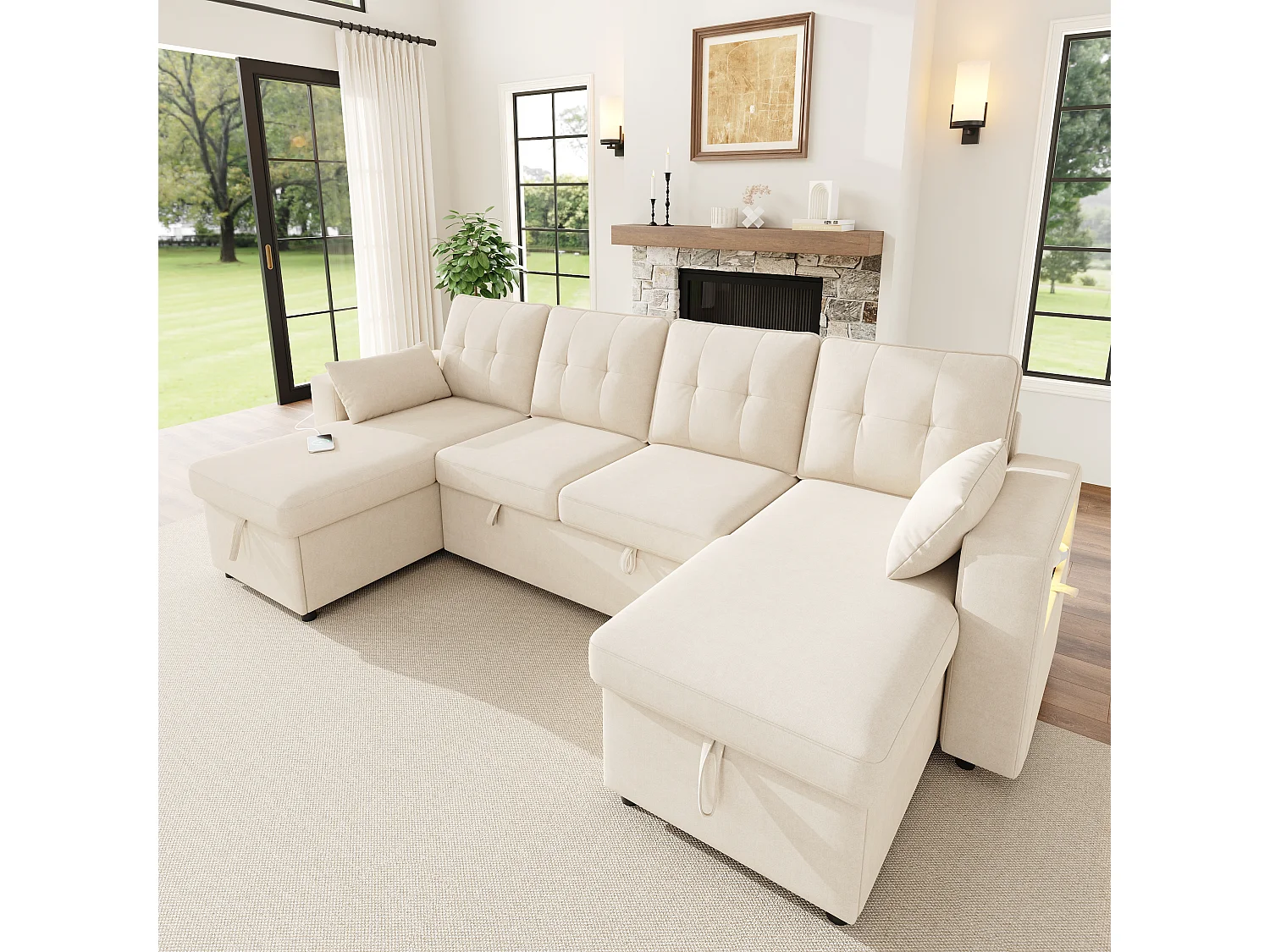 Canapé en U convertible 4 places avec 2 coffres, LED et USB/Type-C - Chenille - 273 x 131 x 83 cm - Beige