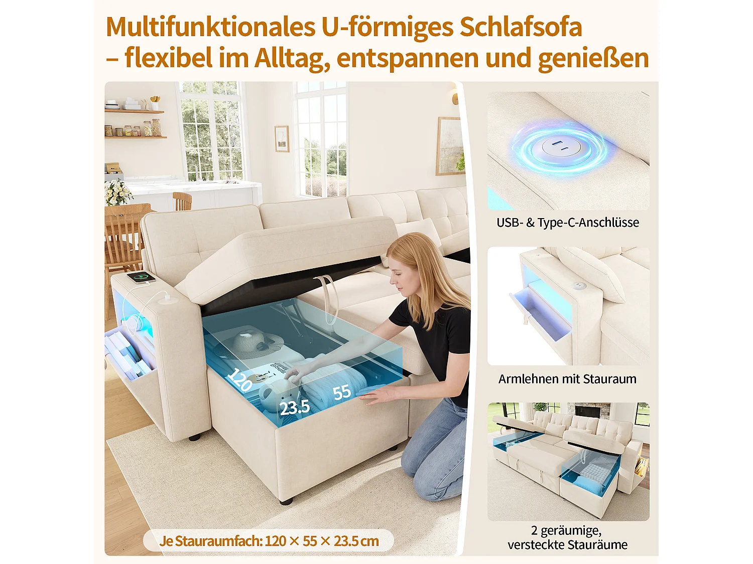 Canapé en U convertible 4 places avec 2 coffres, LED et USB/Type-C - Chenille - 273 x 131 x 83 cm - Beige