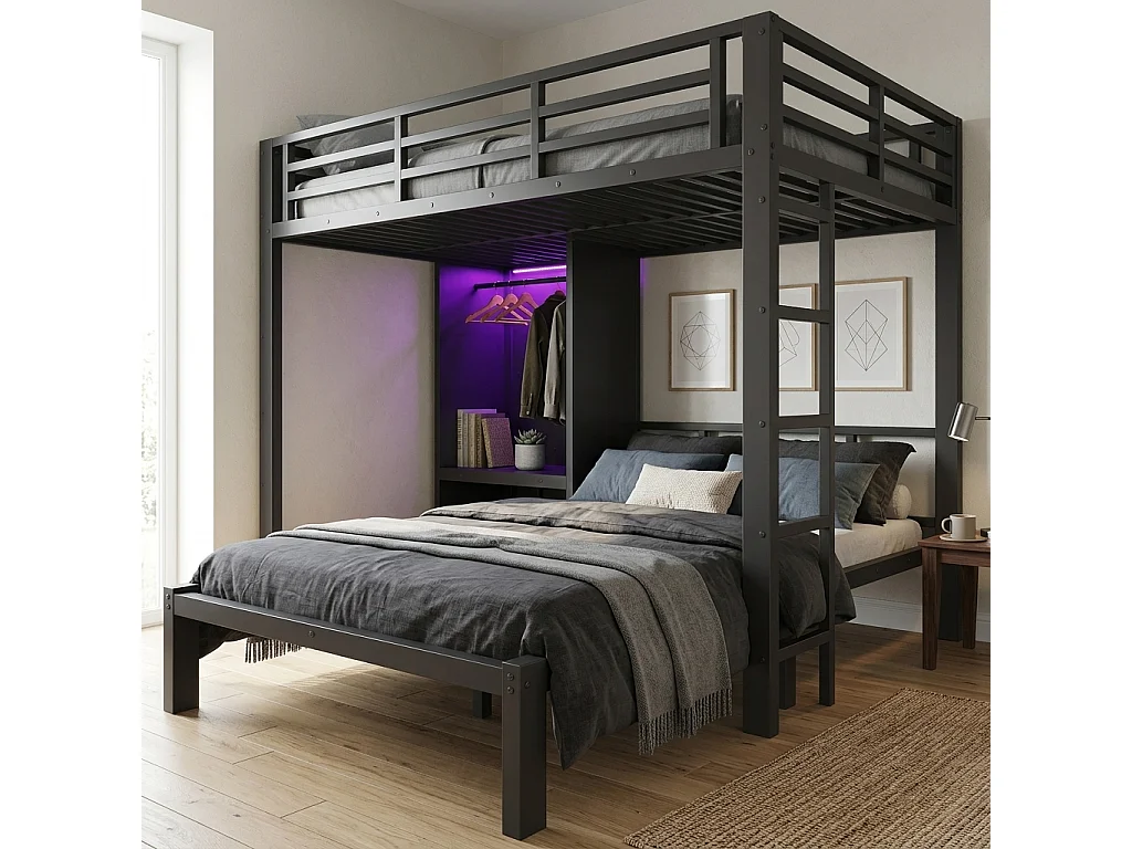 Lit superposé 2 x 120 x 200 cm avec penderie intégrée et éclairage LED - Métal - Noir (sans matelas)