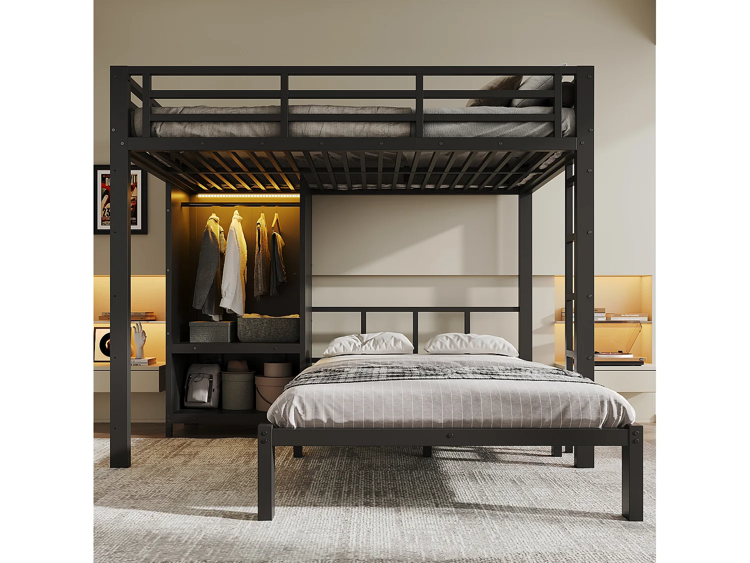 Lit superposé 2 x 120 x 200 cm avec penderie intégrée et éclairage LED - Métal - Noir (sans matelas)