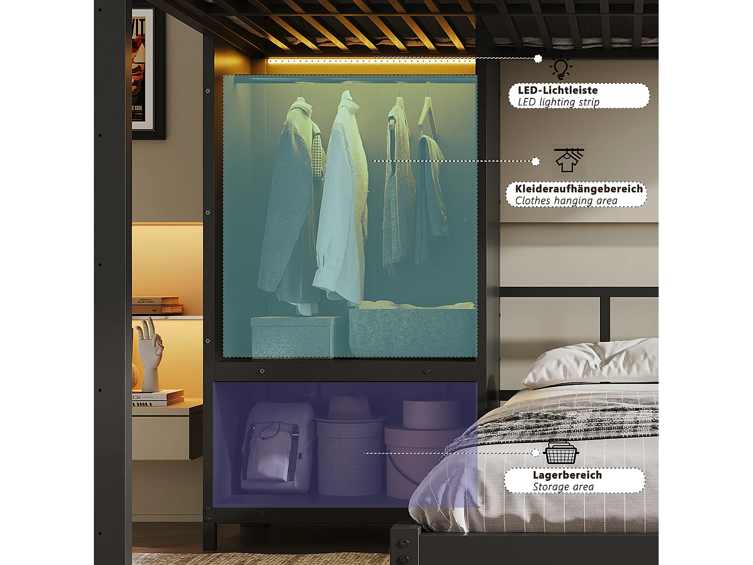 Lit superposé 2 x 120 x 200 cm avec penderie intégrée et éclairage LED - Métal - Noir (sans matelas)