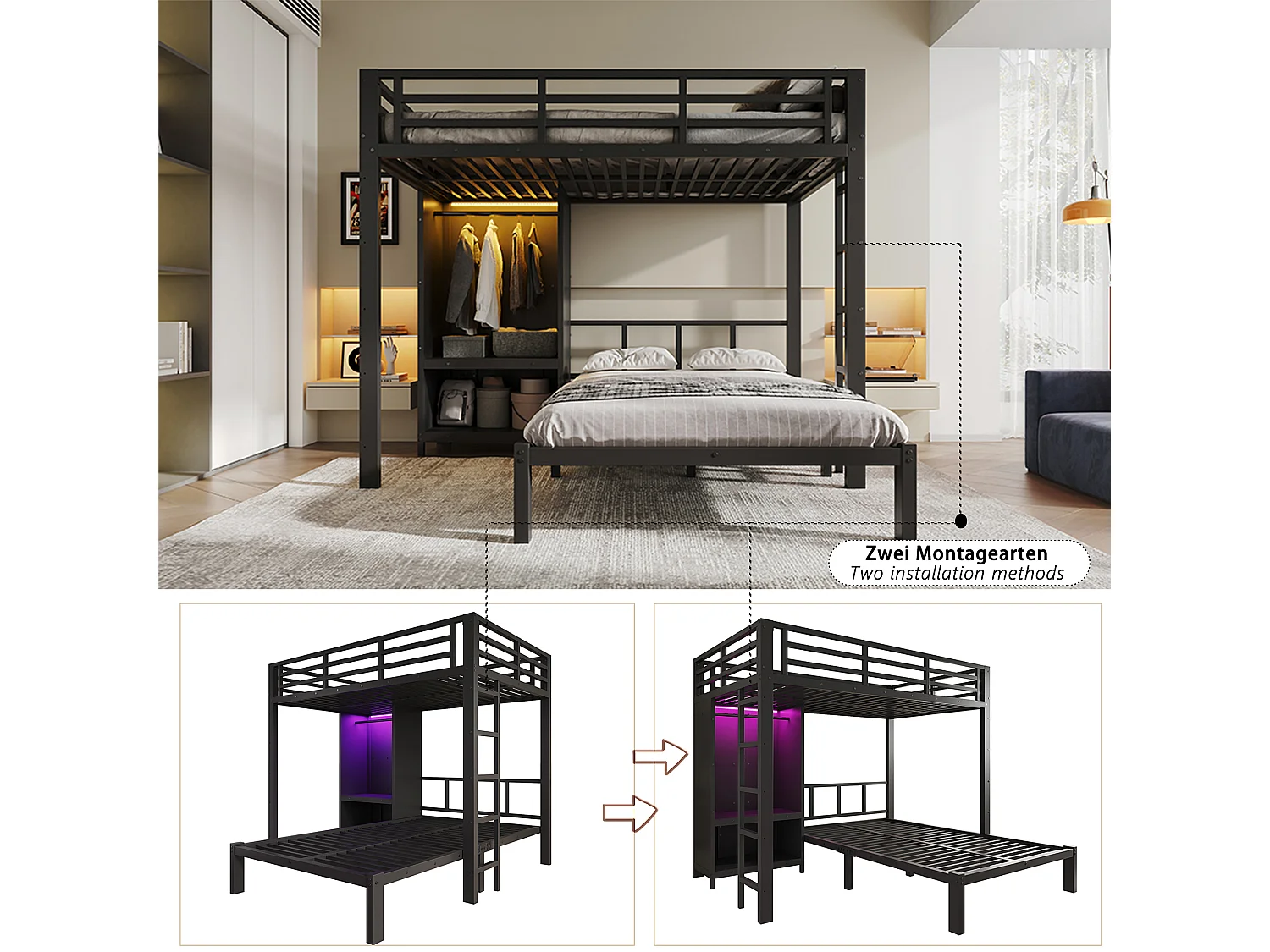Lit superposé 2 x 120 x 200 cm avec penderie intégrée et éclairage LED - Métal - Noir (sans matelas)