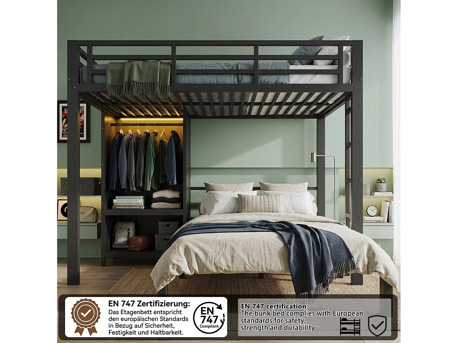 Lit superposé 2 x 120 x 200 cm avec penderie intégrée et éclairage LED - Métal - Noir (sans matelas)