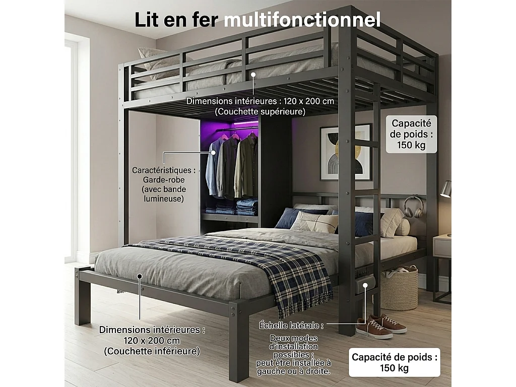Lit superposé 2 x 120 x 200 cm avec penderie intégrée et éclairage LED - Métal - Noir (sans matelas)