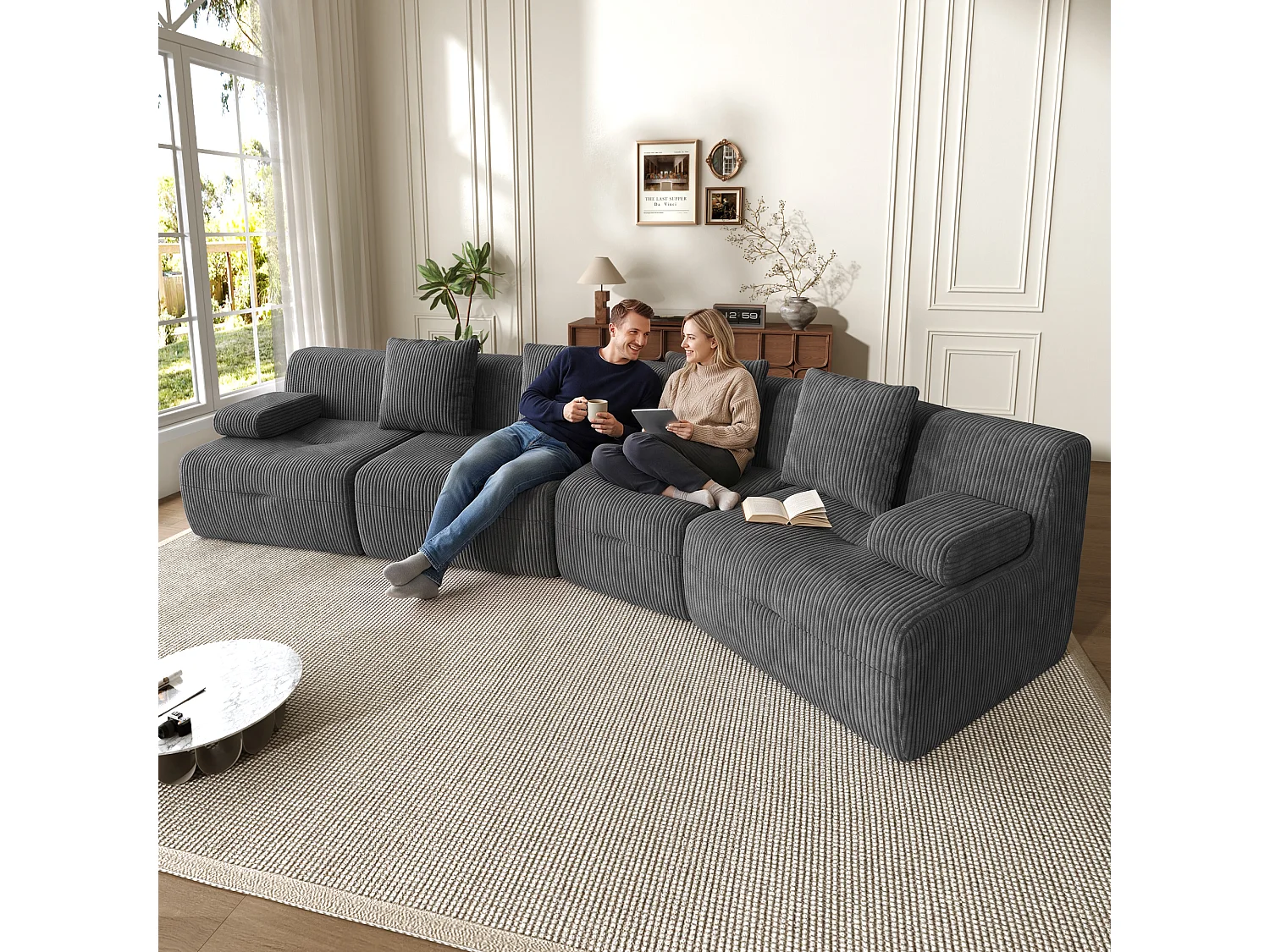 Canapé modulable 4 places avec 4 modules indépendants, sans montage - Velours côtelé - 311 x 90 x 65 cm - Gris