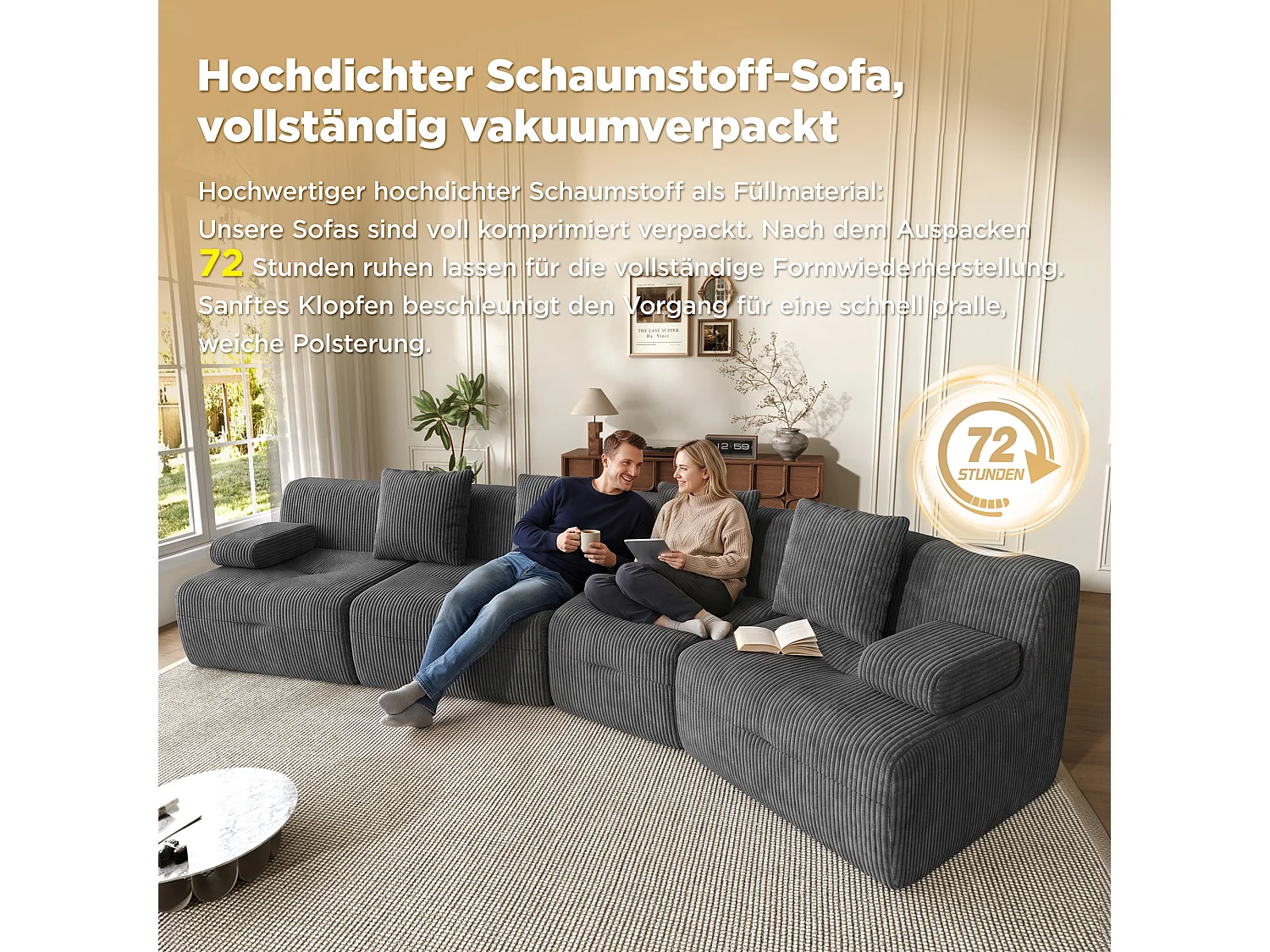 Canapé modulable 4 places avec 4 modules indépendants, sans montage - Velours côtelé - 311 x 90 x 65 cm - Gris