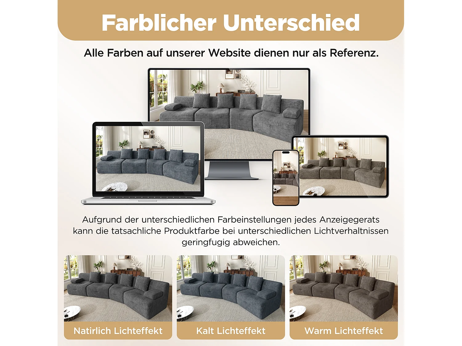 Canapé modulable 4 places avec 4 modules indépendants, sans montage - Velours côtelé - 311 x 90 x 65 cm - Gris