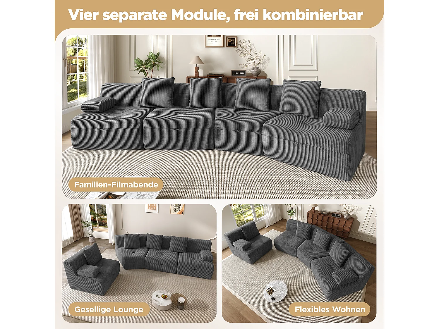 Canapé modulable 4 places avec 4 modules indépendants, sans montage - Velours côtelé - 311 x 90 x 65 cm - Gris