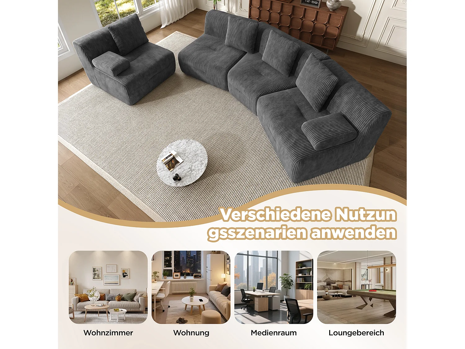 Canapé modulable 4 places avec 4 modules indépendants, sans montage - Velours côtelé - 311 x 90 x 65 cm - Gris