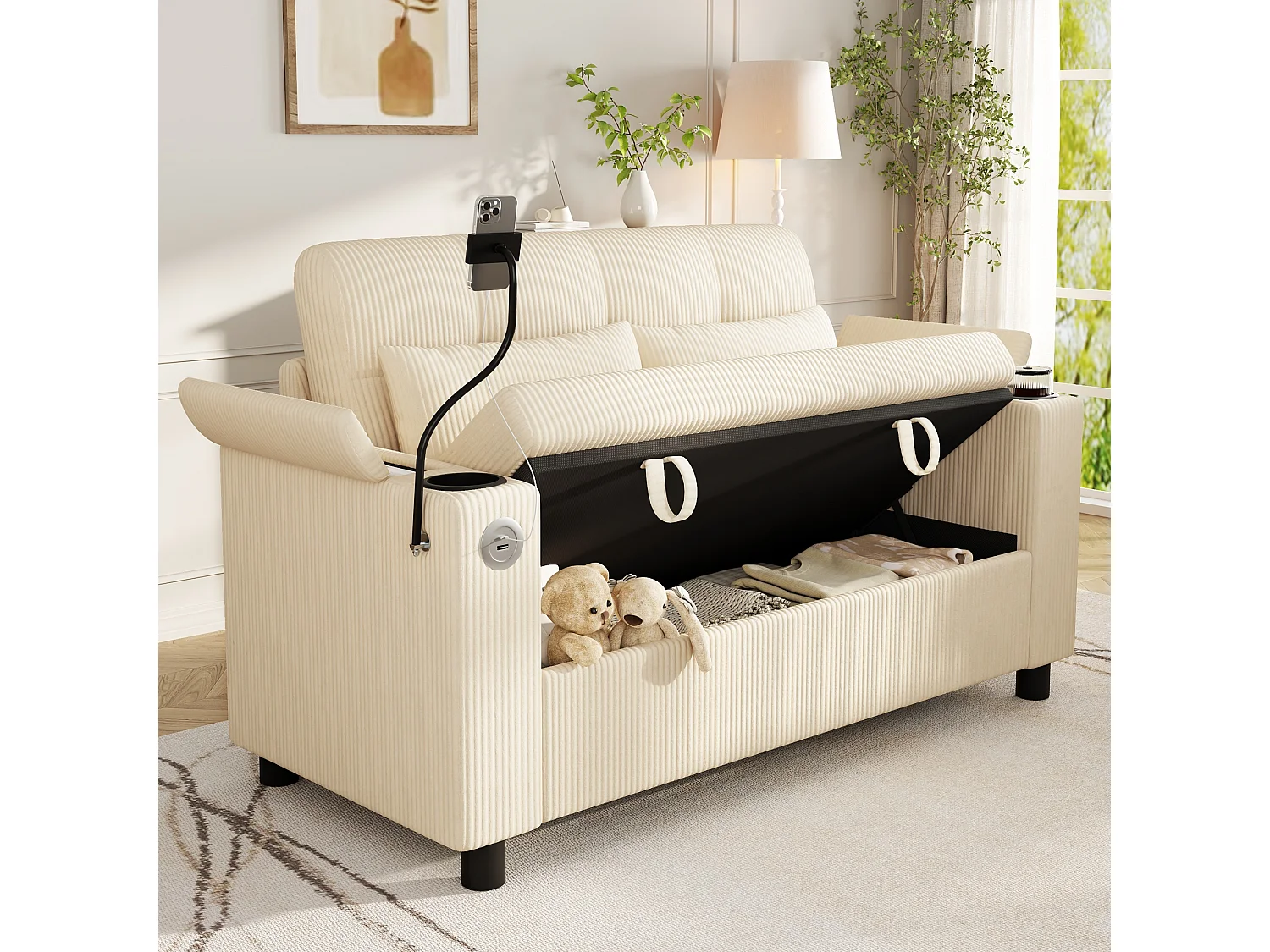 Sofá de 2 lugares com espaço de armazenamento, 2 porta-copos e porta USB/Tipo C - Veludo Cotelê - 136,5 x 79,5 x 83,6 cm - Bege