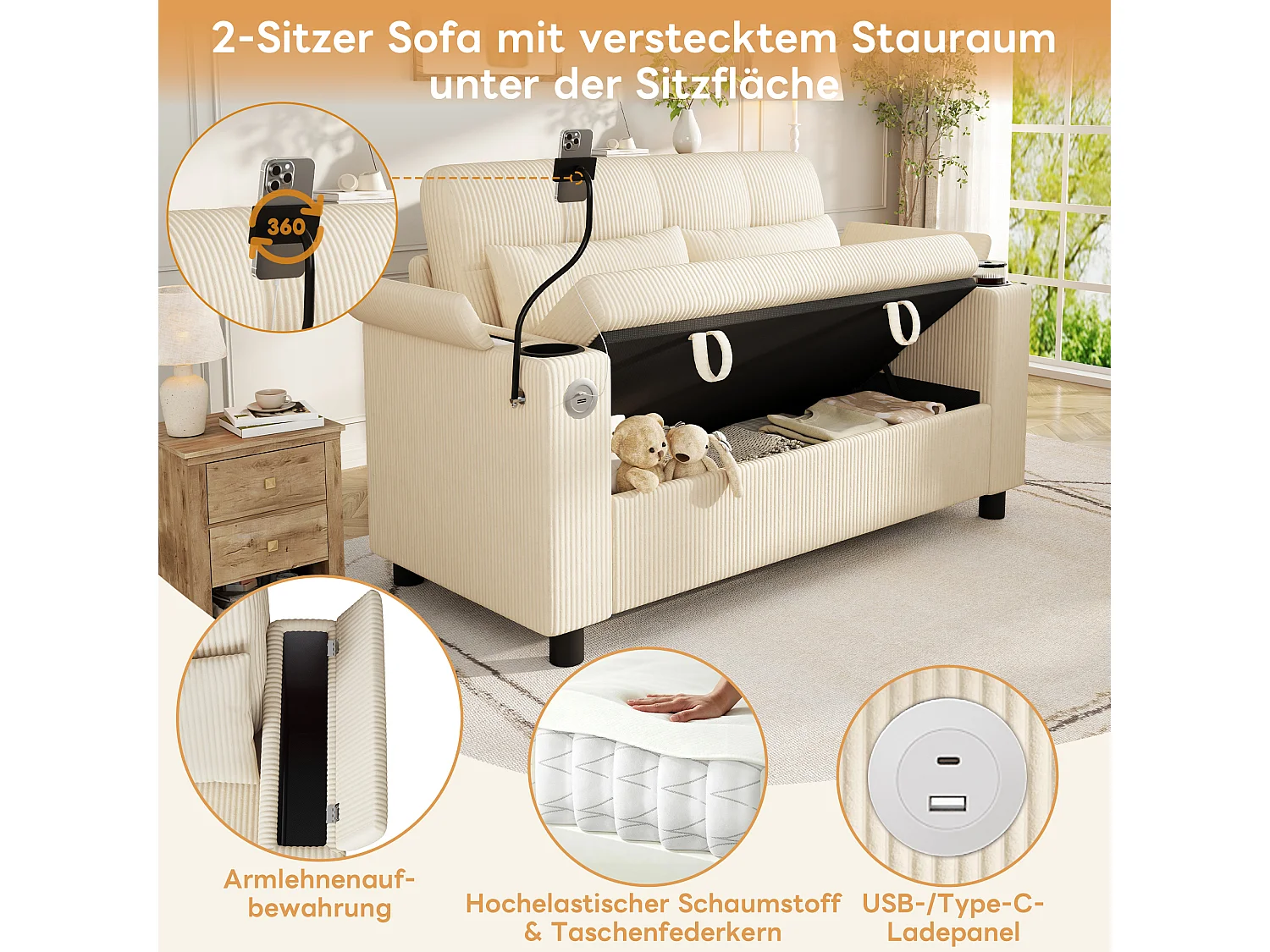 Sofá de 2 lugares com espaço de armazenamento, 2 porta-copos e porta USB/Tipo C - Veludo Cotelê - 136,5 x 79,5 x 83,6 cm - Bege
