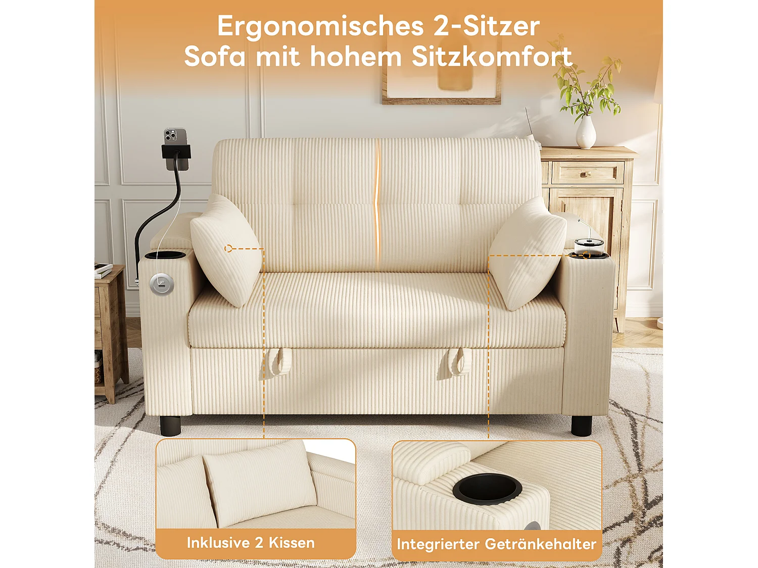 Sofá de 2 lugares com espaço de armazenamento, 2 porta-copos e porta USB/Tipo C - Veludo Cotelê - 136,5 x 79,5 x 83,6 cm - Bege