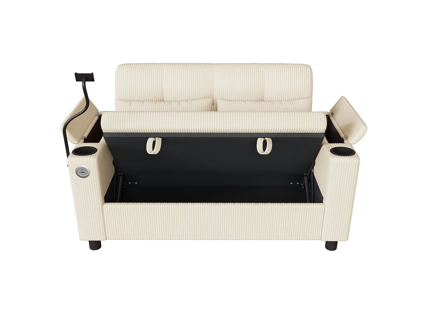 Sofá de 2 lugares com espaço de armazenamento, 2 porta-copos e porta USB/Tipo C - Veludo Cotelê - 136,5 x 79,5 x 83,6 cm - Bege