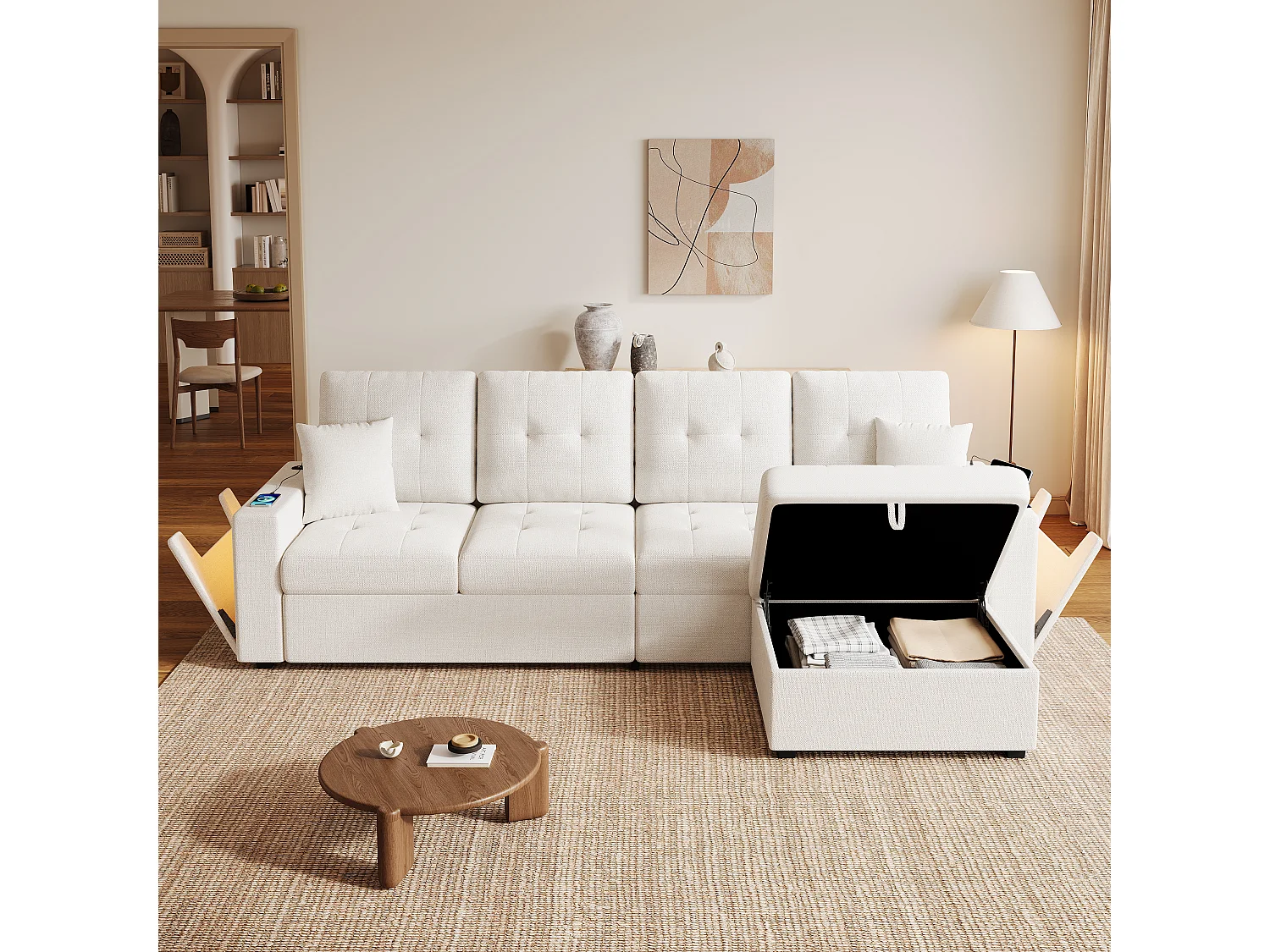 Divano a 4 posti con pouf contenitore, illuminazione a LED e porta USB/Type-C - Lino - 253 x 144,5 x 80,7 cm - Beige
