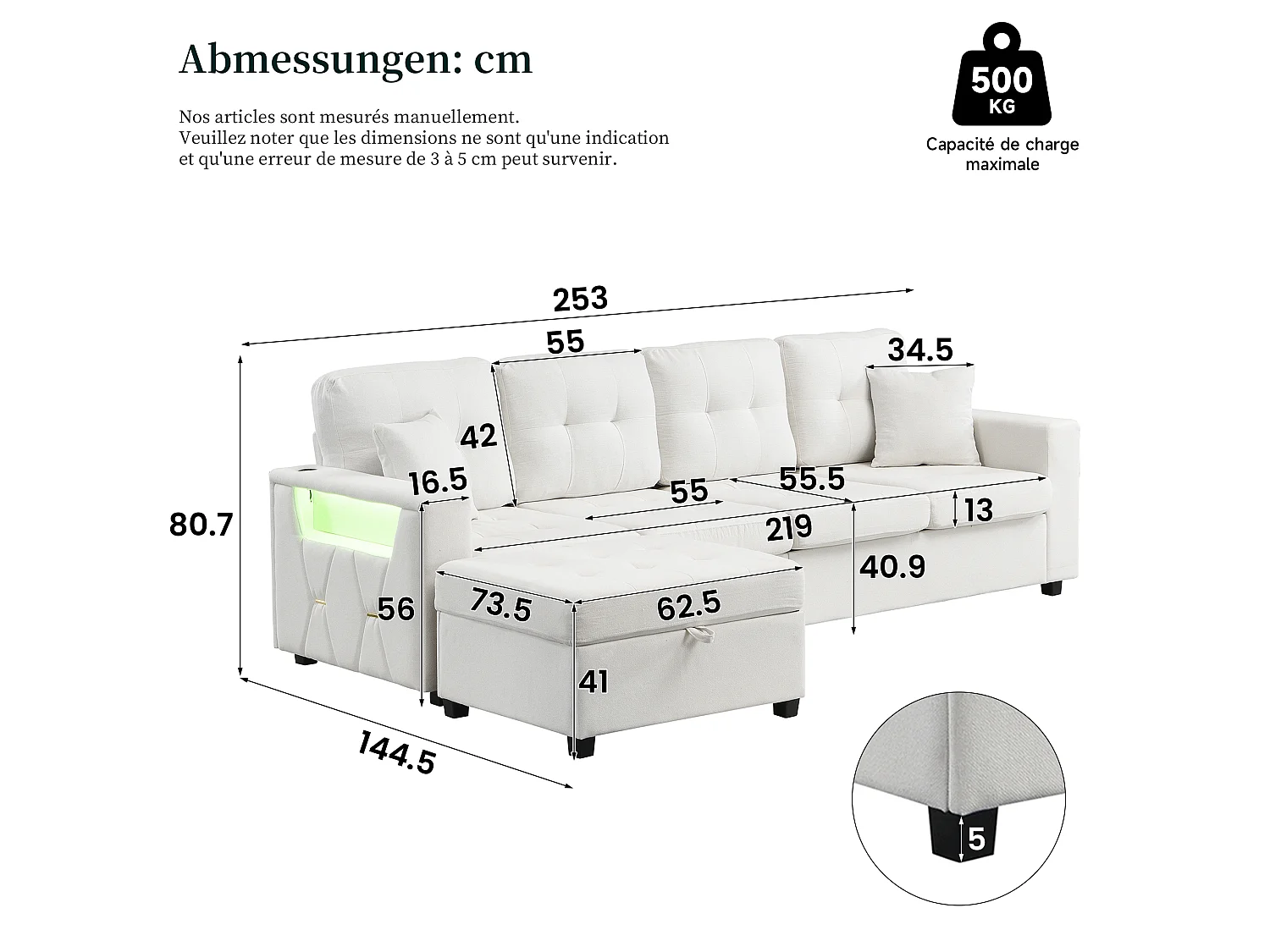 Divano a 4 posti con pouf contenitore, illuminazione a LED e porta USB/Type-C - Lino - 253 x 144,5 x 80,7 cm - Beige