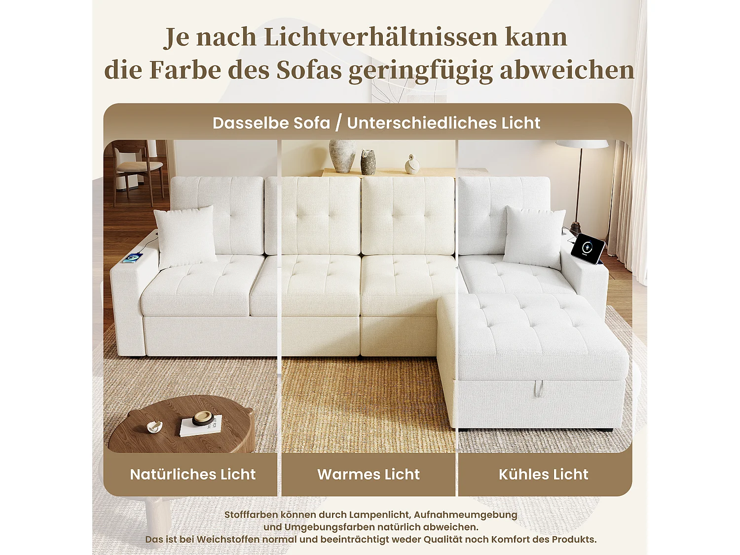 Divano a 4 posti con pouf contenitore, illuminazione a LED e porta USB/Type-C - Lino - 253 x 144,5 x 80,7 cm - Beige