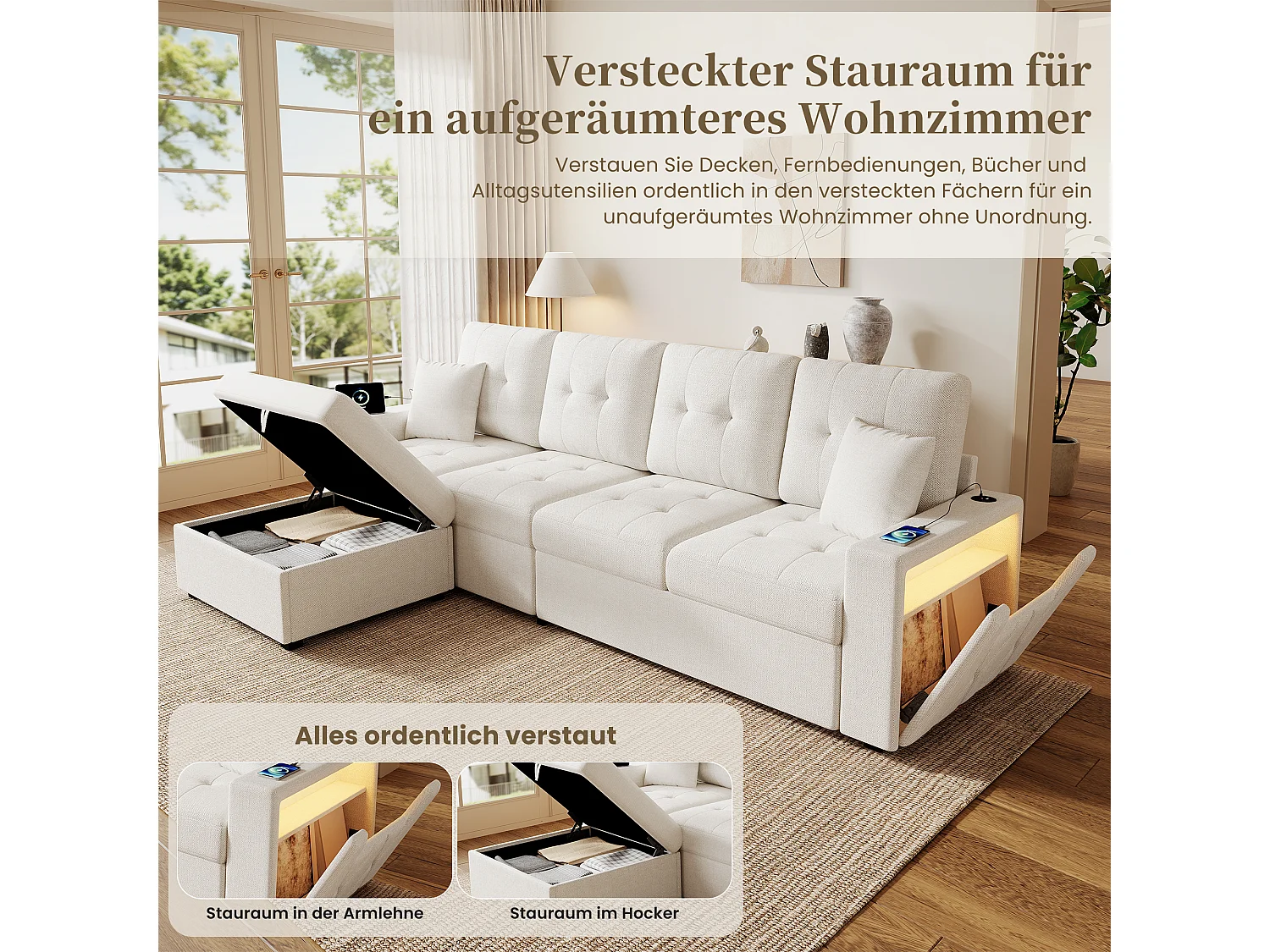 Divano a 4 posti con pouf contenitore, illuminazione a LED e porta USB/Type-C - Lino - 253 x 144,5 x 80,7 cm - Beige