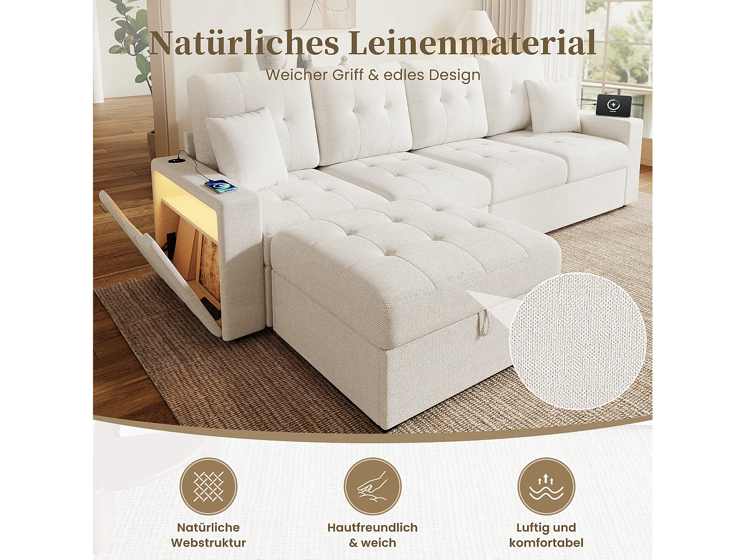 Divano a 4 posti con pouf contenitore, illuminazione a LED e porta USB/Type-C - Lino - 253 x 144,5 x 80,7 cm - Beige