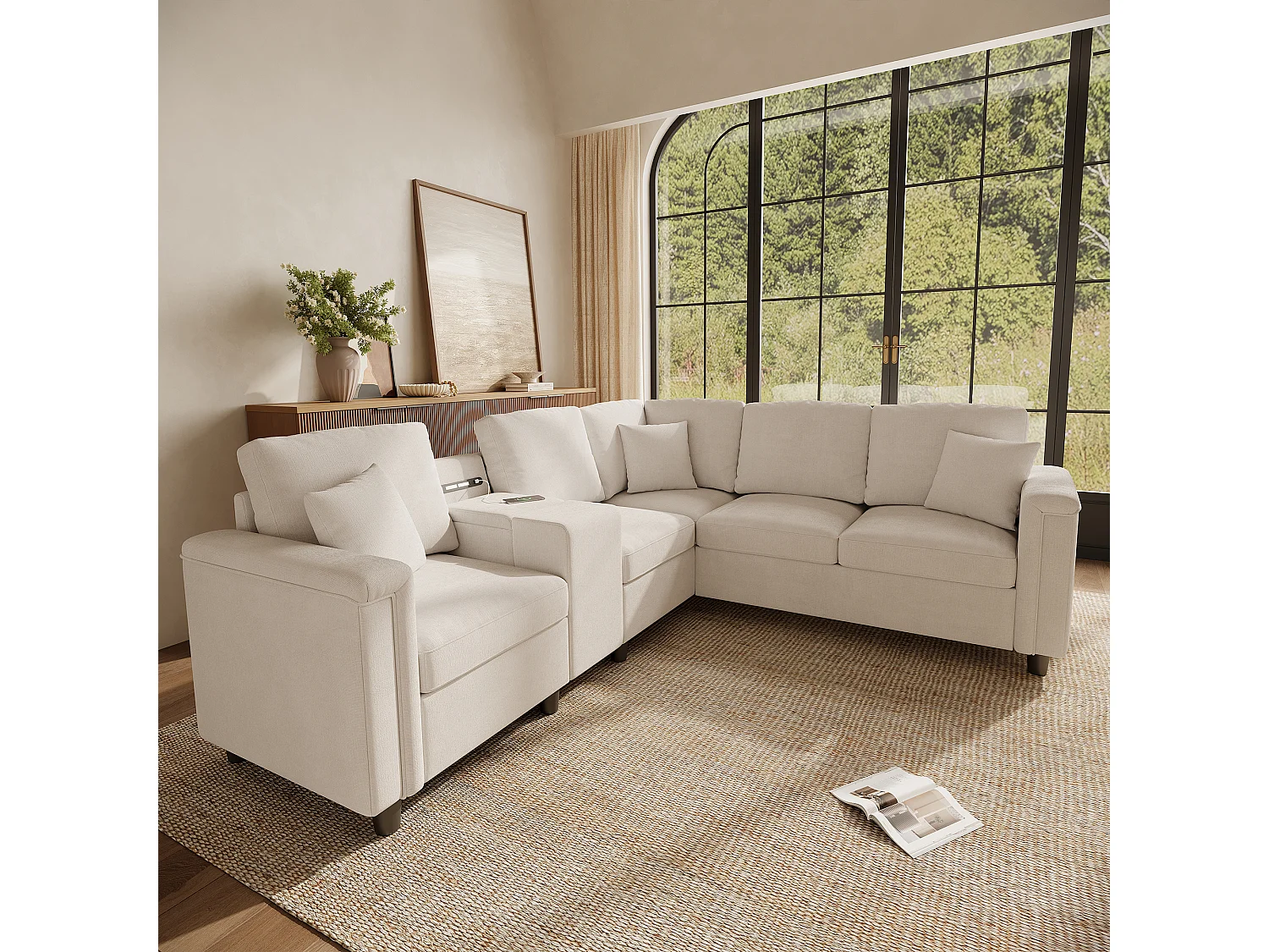 Sofá de canto de 5 a 6 lugares com console, 2 porta-copos, porta USB/Tipo-C e luz de leitura - Chenille - 235 x 208 x 83 cm - Bege