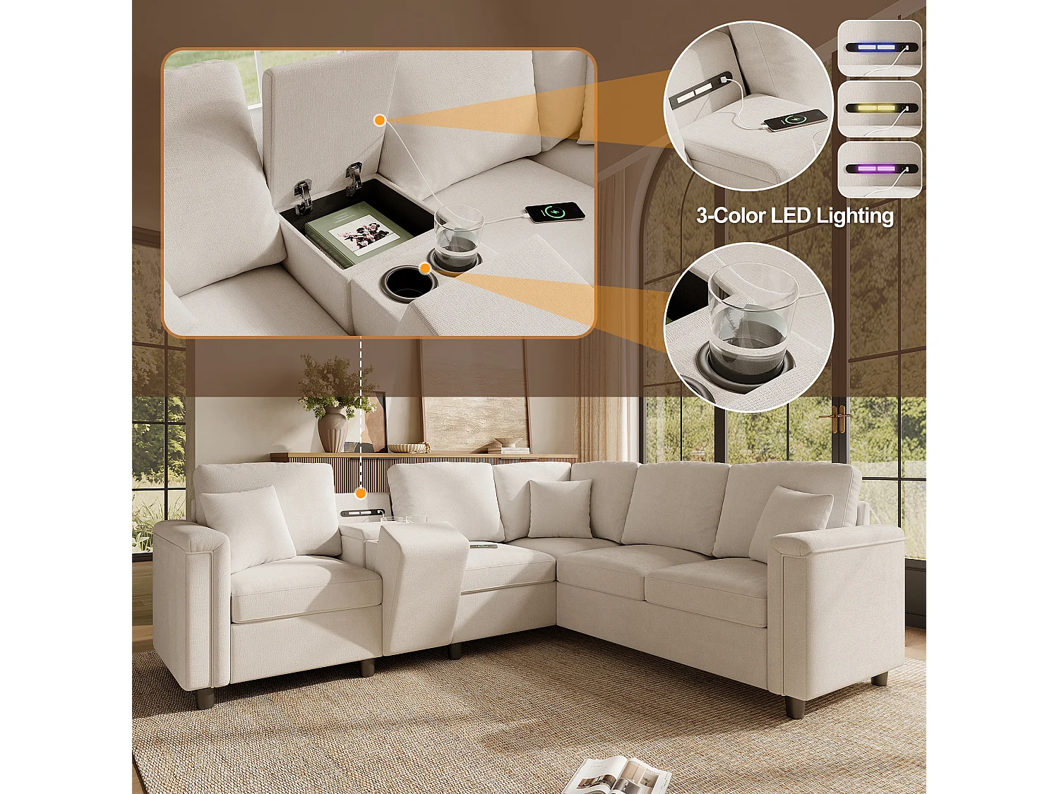 Sofá de canto de 5 a 6 lugares com console, 2 porta-copos, porta USB/Tipo-C e luz de leitura - Chenille - 235 x 208 x 83 cm - Bege