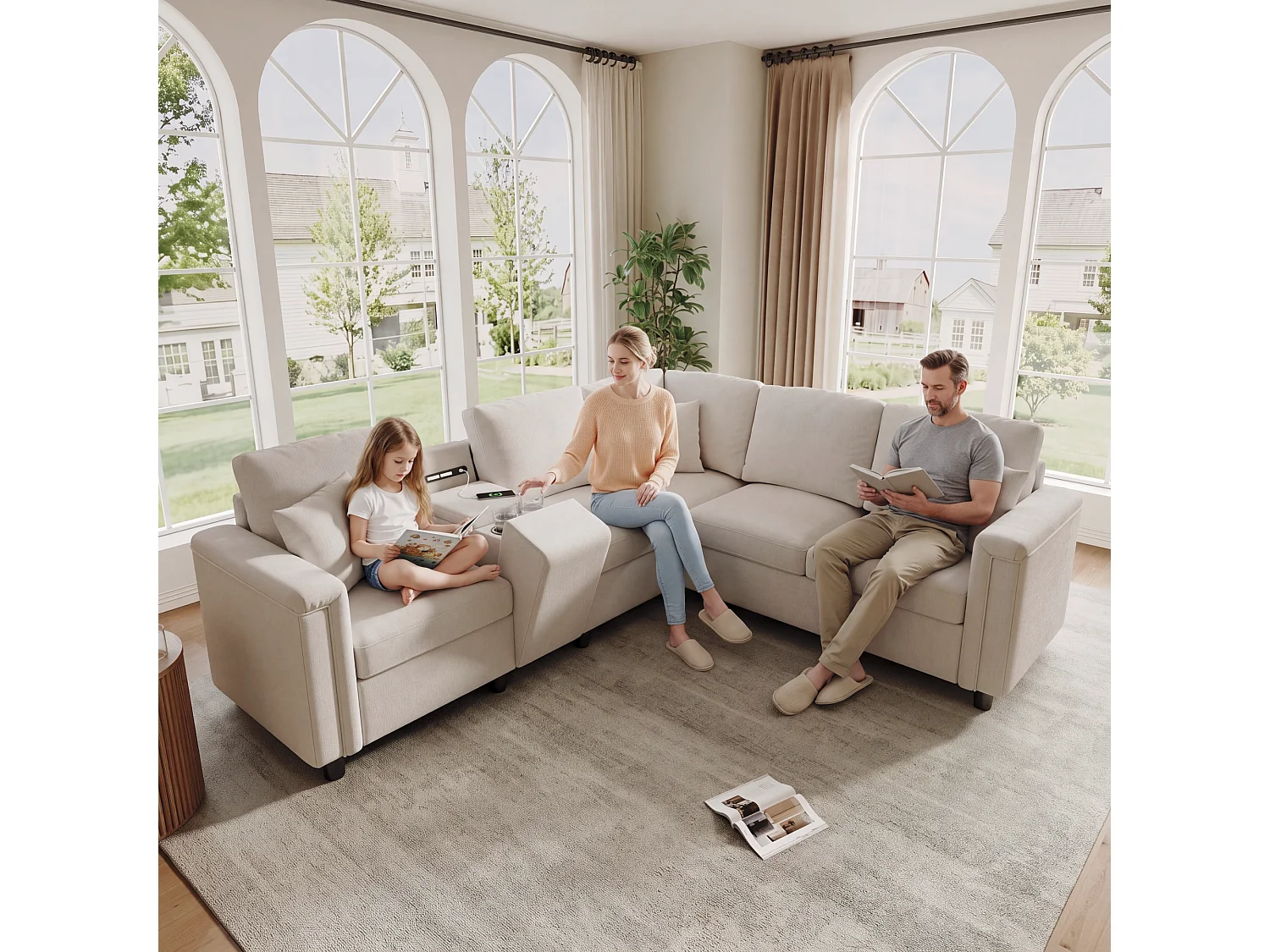 Sofá de canto de 5 a 6 lugares com console, 2 porta-copos, porta USB/Tipo-C e luz de leitura - Chenille - 235 x 208 x 83 cm - Bege