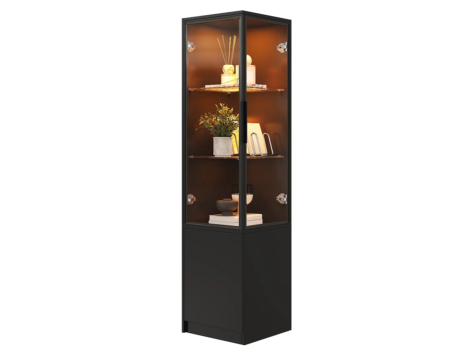 Vitrine d’angle 40 x 40 x 160 cm avec 3 portes, éclairage LED et cadre en aluminium - Panneaux de particules - Noir