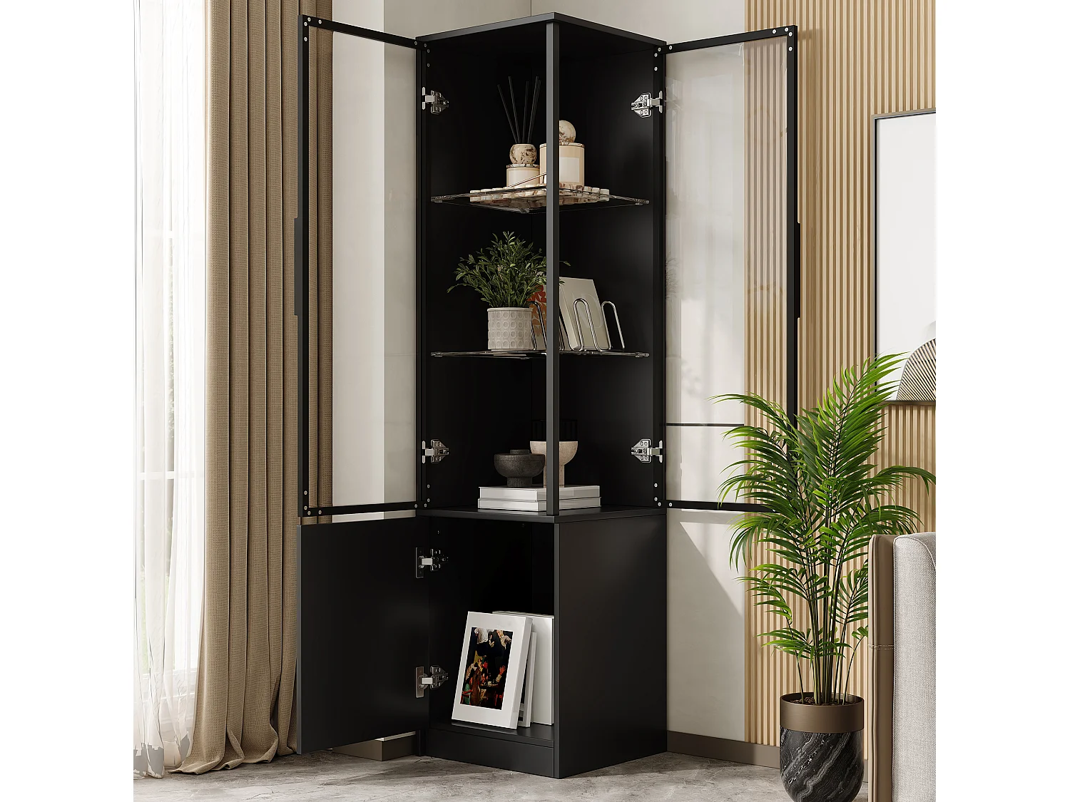 Vitrine d’angle 40 x 40 x 160 cm avec 3 portes, éclairage LED et cadre en aluminium - Panneaux de particules - Noir