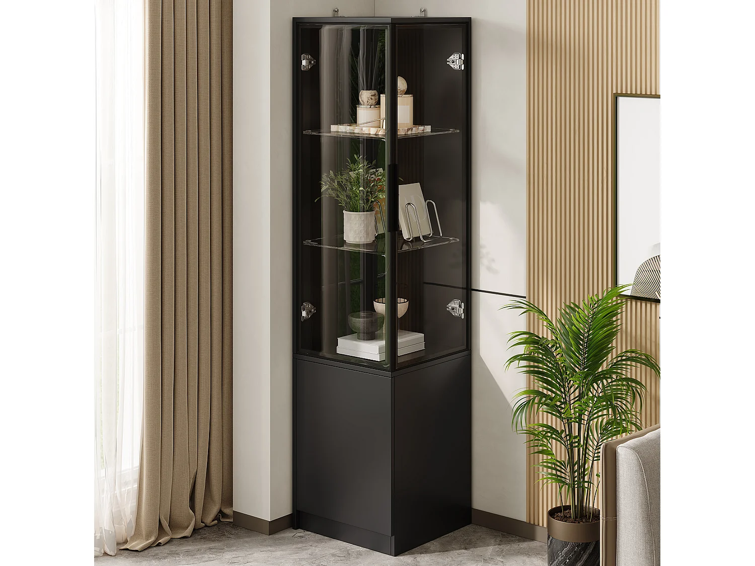 Vitrine d’angle 40 x 40 x 160 cm avec 3 portes, éclairage LED et cadre en aluminium - Panneaux de particules - Noir