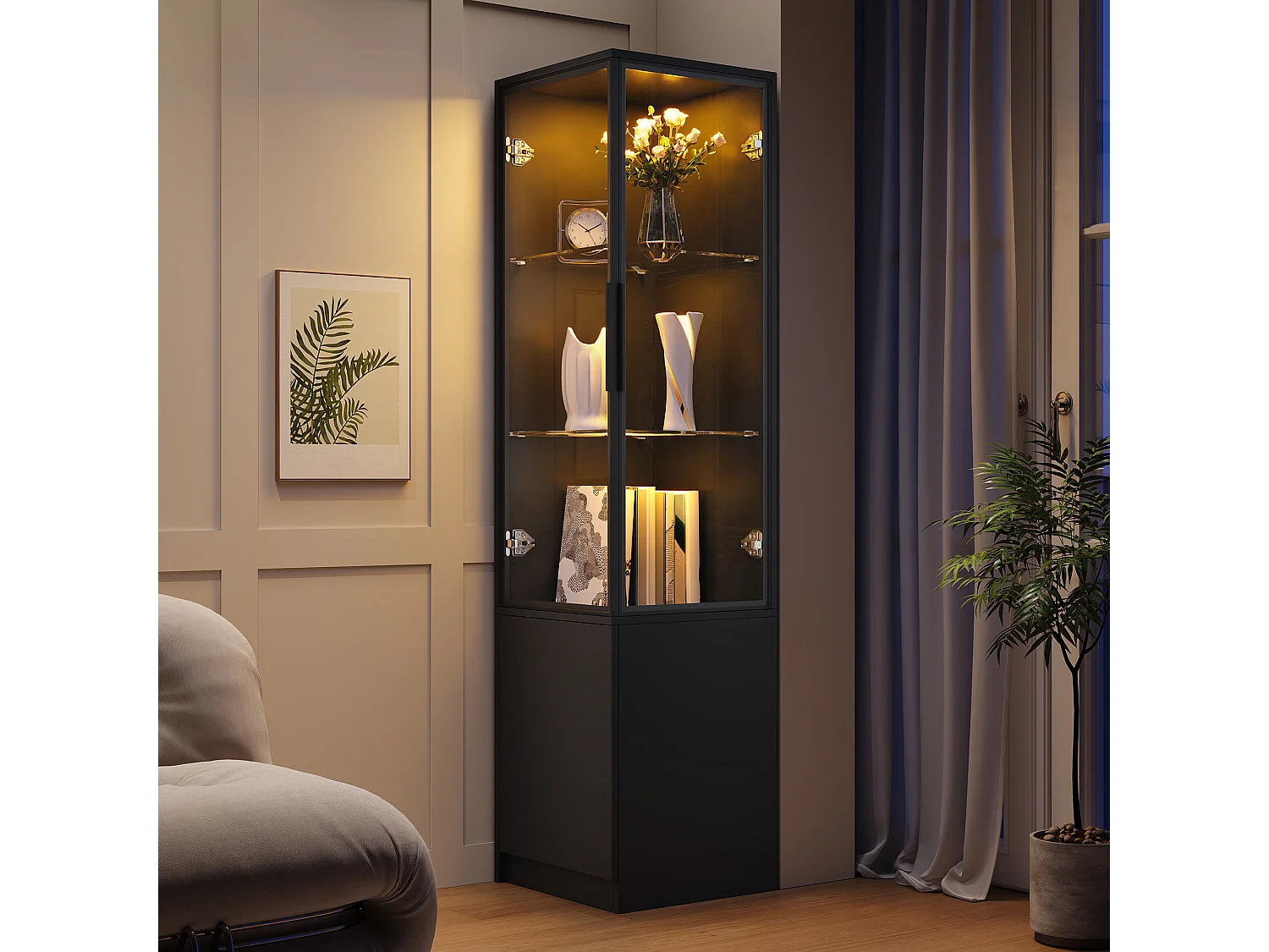 Vitrine d’angle 40 x 40 x 160 cm avec 3 portes, éclairage LED et cadre en aluminium - Panneaux de particules - Noir