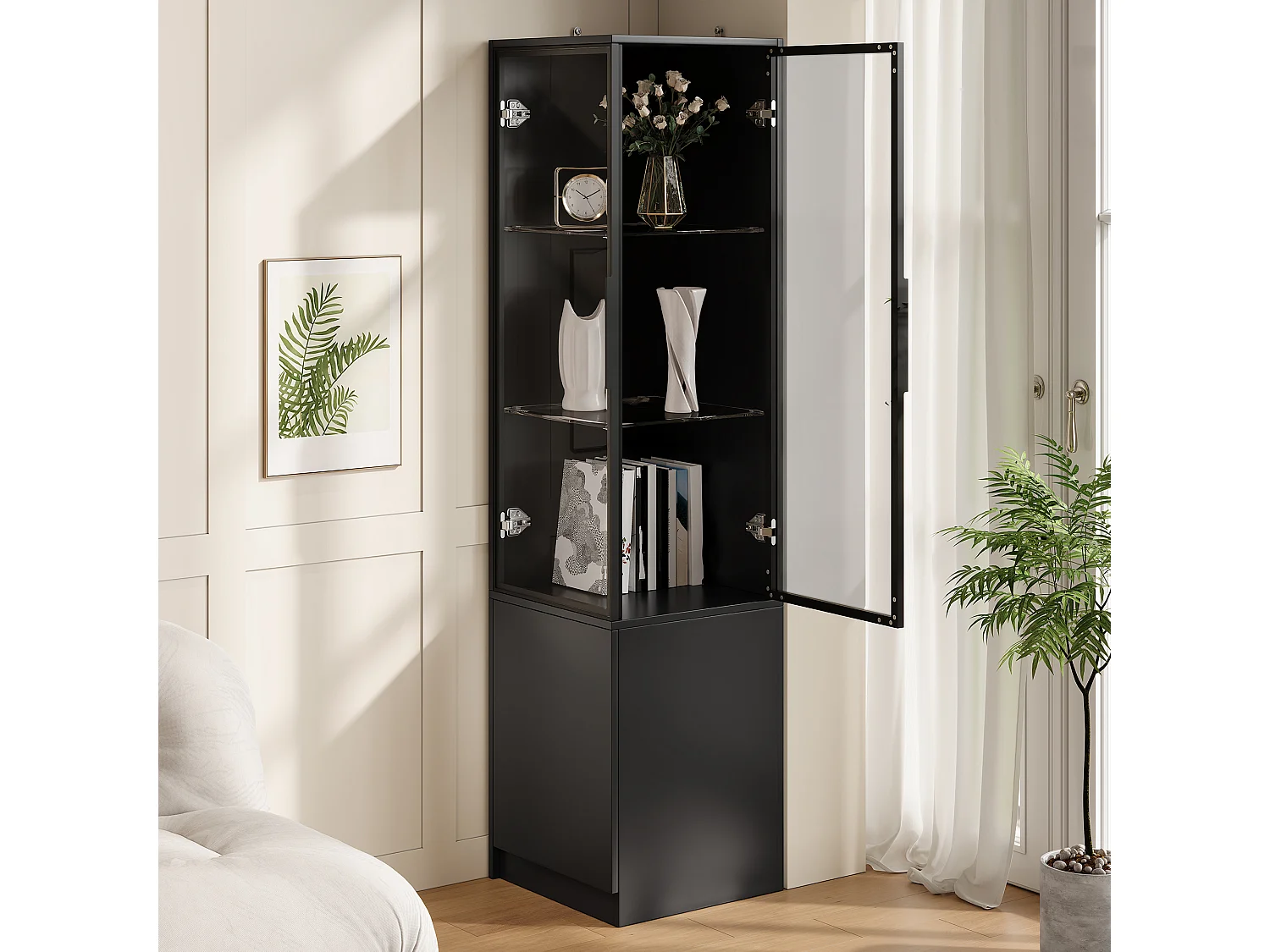 Vitrine d’angle 40 x 40 x 160 cm avec 3 portes, éclairage LED et cadre en aluminium - Panneaux de particules - Noir