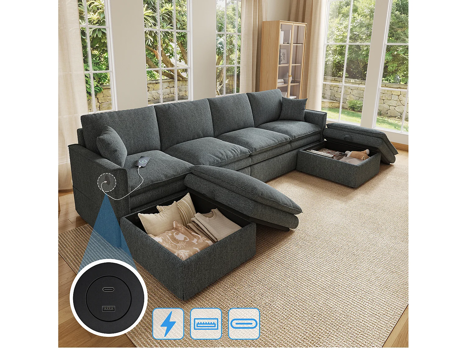 Canapé modulable 6 places en U ou L avec 2 poufs coffres et USB/Type-C - Mélange coton-lin - 277 x 135 x 80 cm - Gris