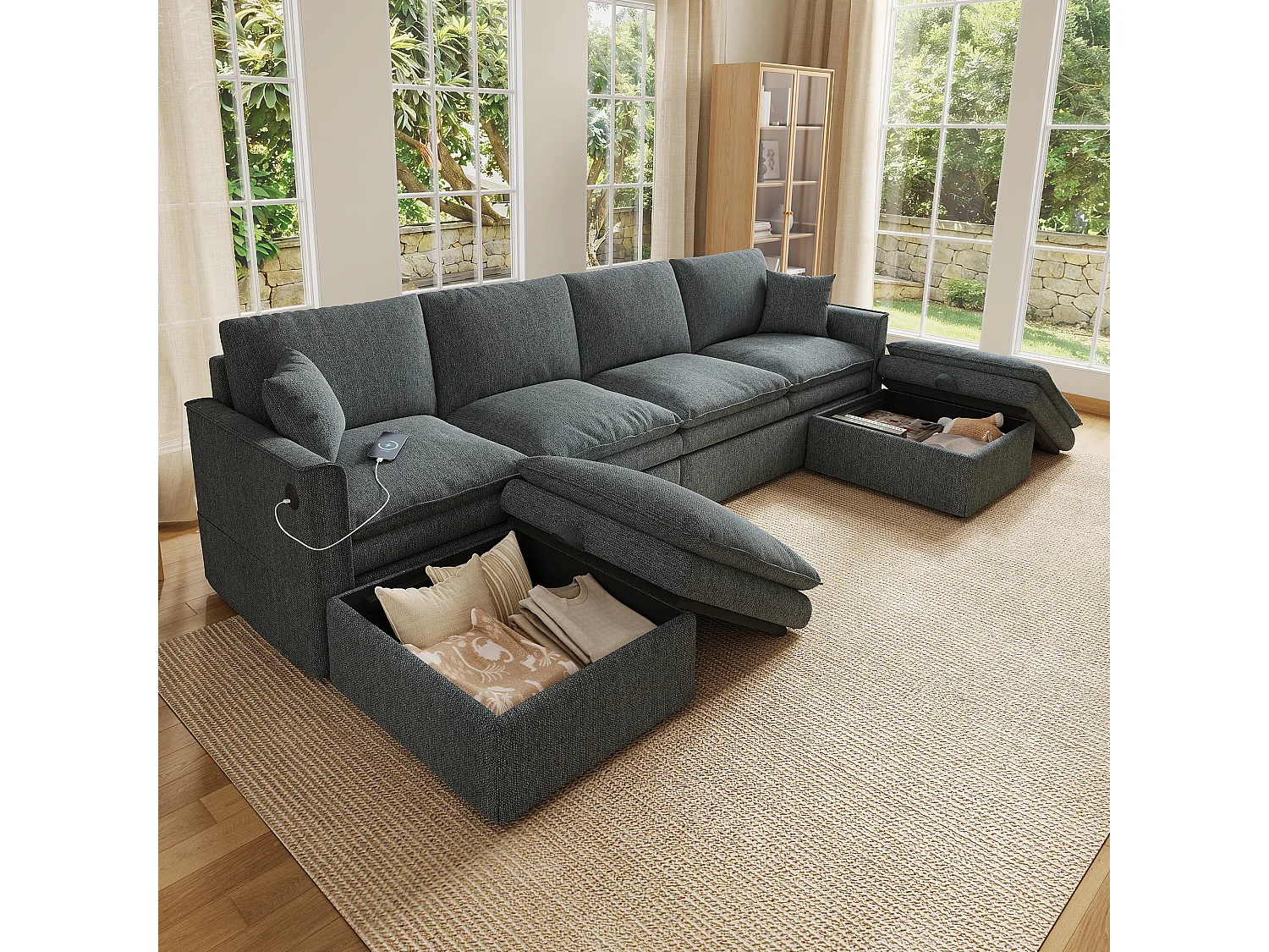 Canapé modulable 6 places en U ou L avec 2 poufs coffres et USB/Type-C - Mélange coton-lin - 277 x 135 x 80 cm - Gris