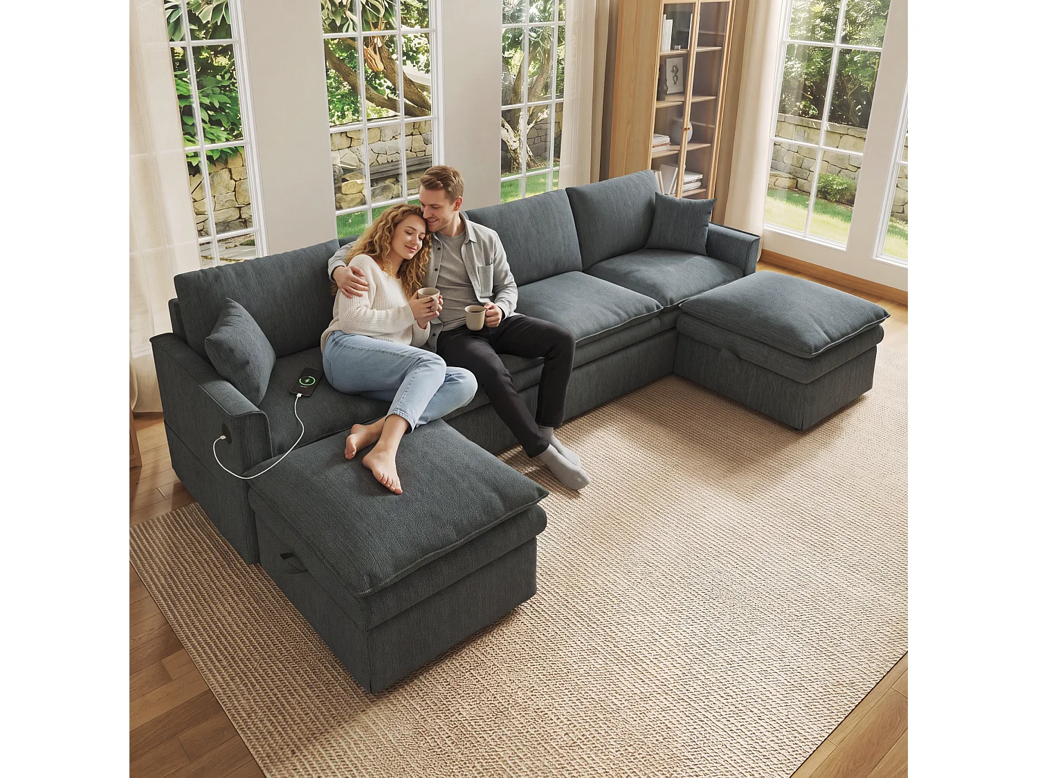 Canapé modulable 6 places en U ou L avec 2 poufs coffres et USB/Type-C - Mélange coton-lin - 277 x 135 x 80 cm - Gris