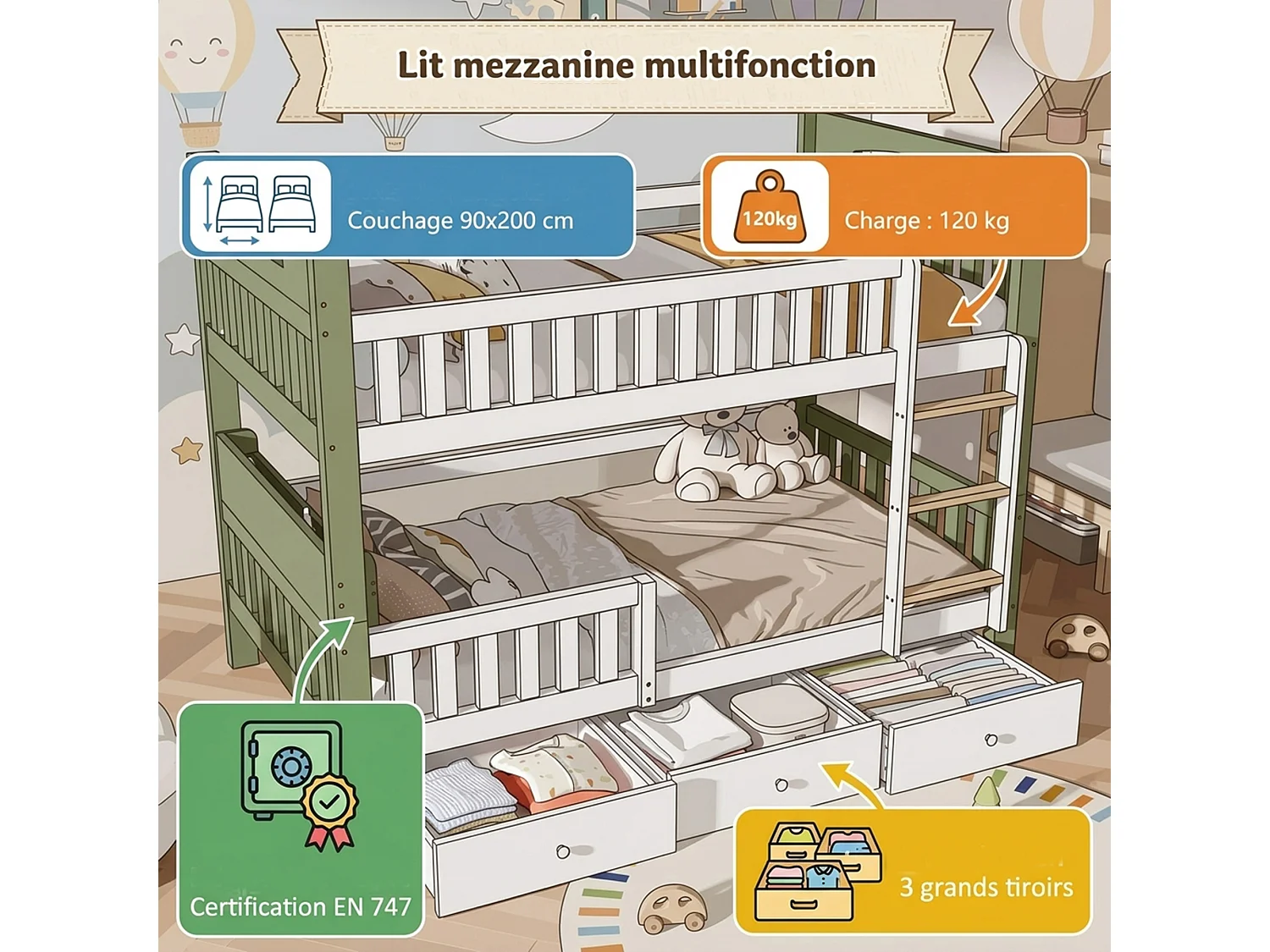 Łóżko piętrowe 2 x 90 x 200 cm z drabinką, półką i 3 szufladami - Sosna, sklejka i MDF - Białe i zielone (materac nie jest wliczony w cenę)