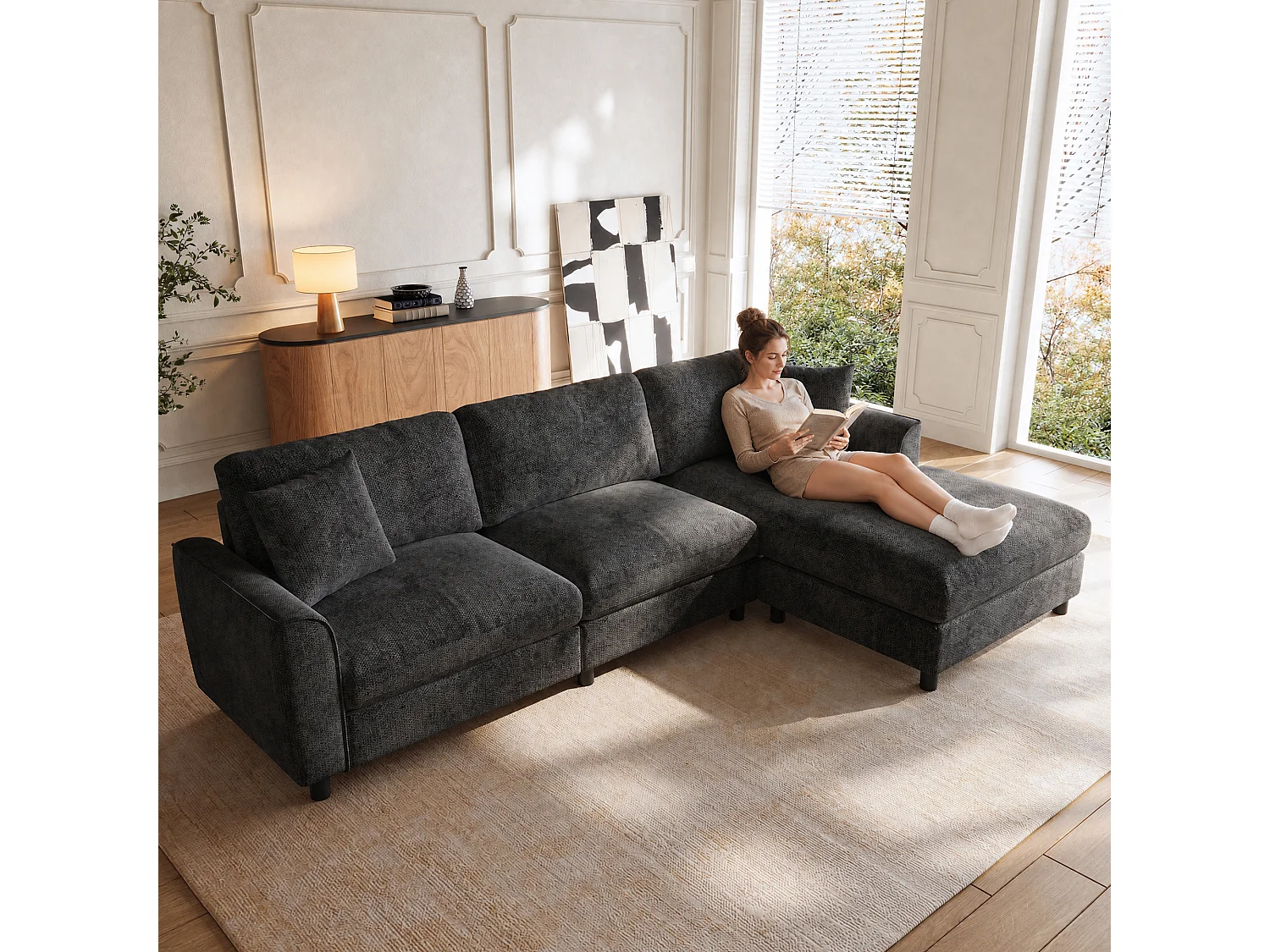 Canapé d'angle réversible avec méridienne et ressorts ensachés - Chenille - 256 x 137 x 79 cm - Gris