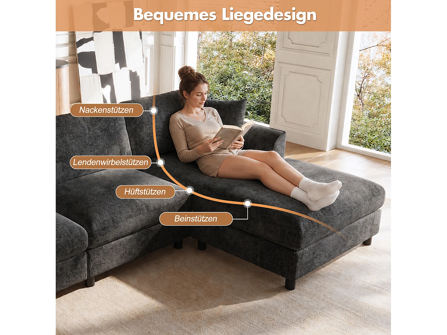 Canapé d'angle réversible avec méridienne et ressorts ensachés - Chenille - 256 x 137 x 79 cm - Gris