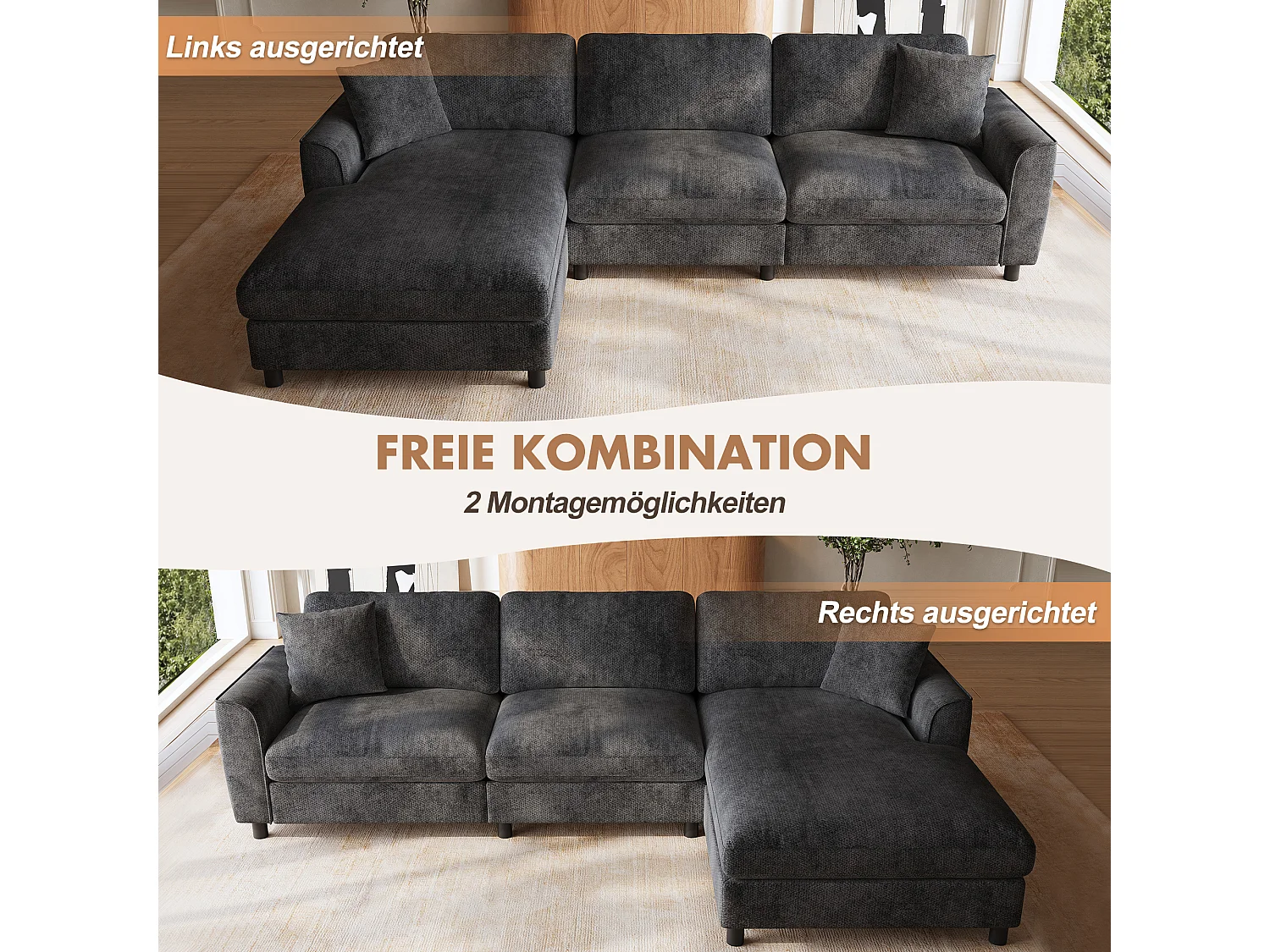 Canapé d'angle réversible avec méridienne et ressorts ensachés - Chenille - 256 x 137 x 79 cm - Gris