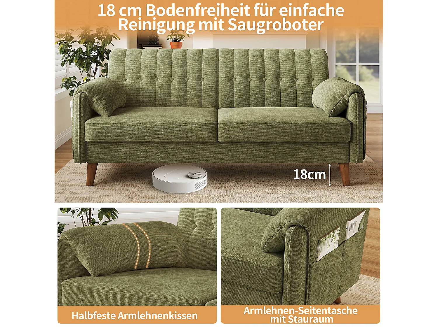 Sofa 2-osobowa z 2 kieszeniami bocznymi i nogami z litego drewna - Chenille - 161,5 x 79 x 83,5 cm - Zielona
