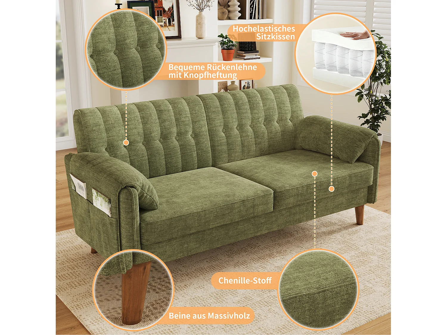 Sofa 2-osobowa z 2 kieszeniami bocznymi i nogami z litego drewna - Chenille - 161,5 x 79 x 83,5 cm - Zielona