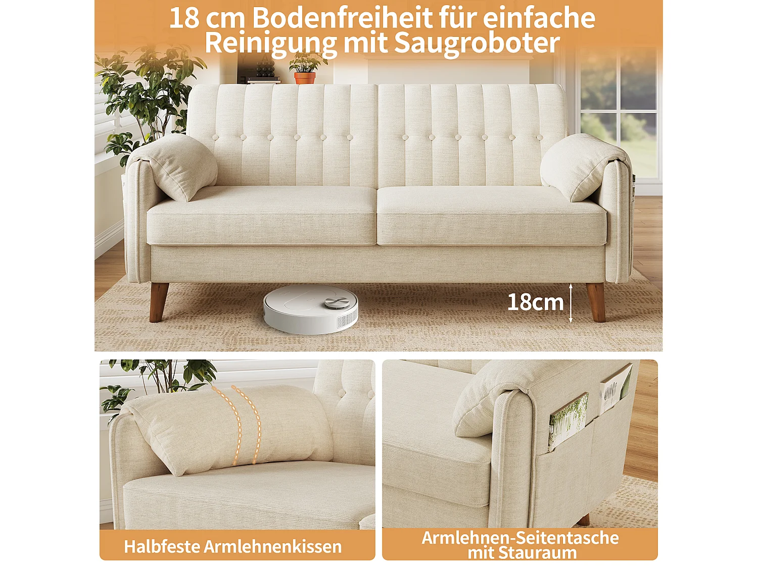 Sofa 2-osobowa z 2 kieszeniami bocznymi i nogami z litego drewna - Chenille - 161,5 x 79 x 83,5 cm - Beżowa