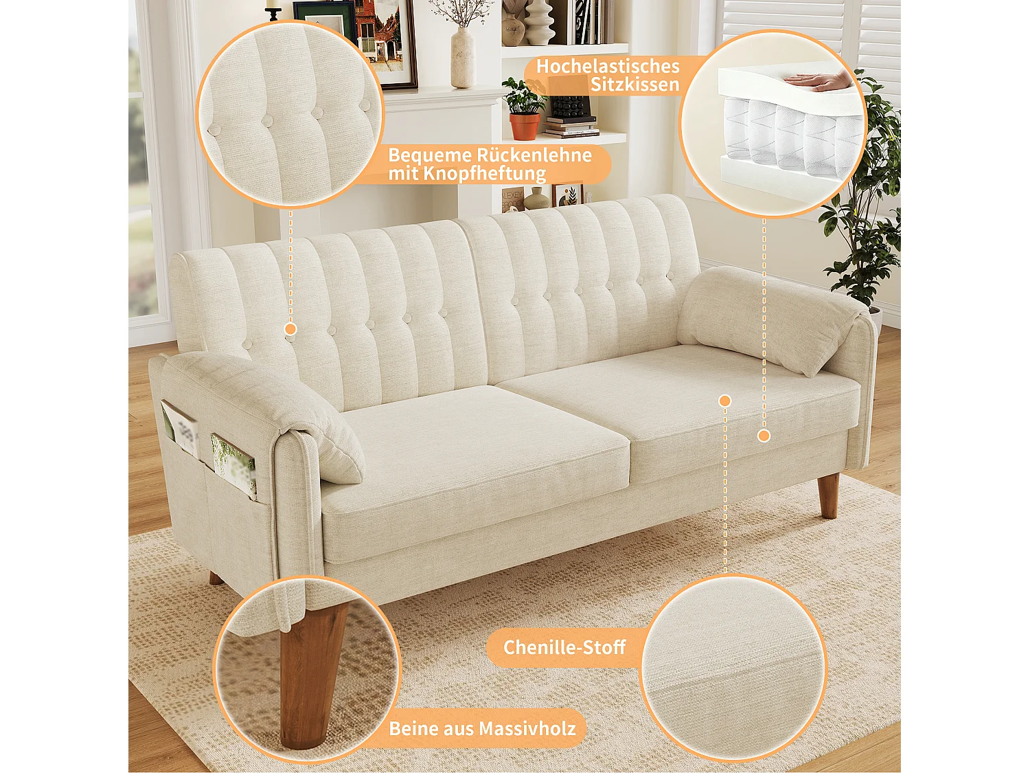 Sofa 2-osobowa z 2 kieszeniami bocznymi i nogami z litego drewna - Chenille - 161,5 x 79 x 83,5 cm - Beżowa