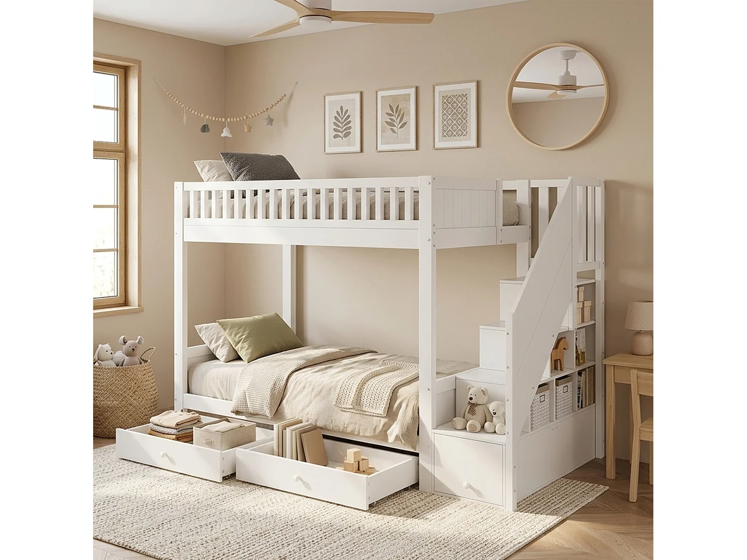 Lit superposé 2 x 90 x 200 cm avec escalier de rangement, 2 tiroirs et barrières - Bois - Blanc (sans matelas)